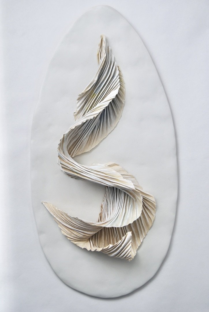Ascend /
12"Wx24 1/4"Hx31/2"D /
Arashi Shibori Pleated Muslin, Acrylic Paint, Archival Adhesive, Epoxy, Wood (2023) / Inquire for pricing