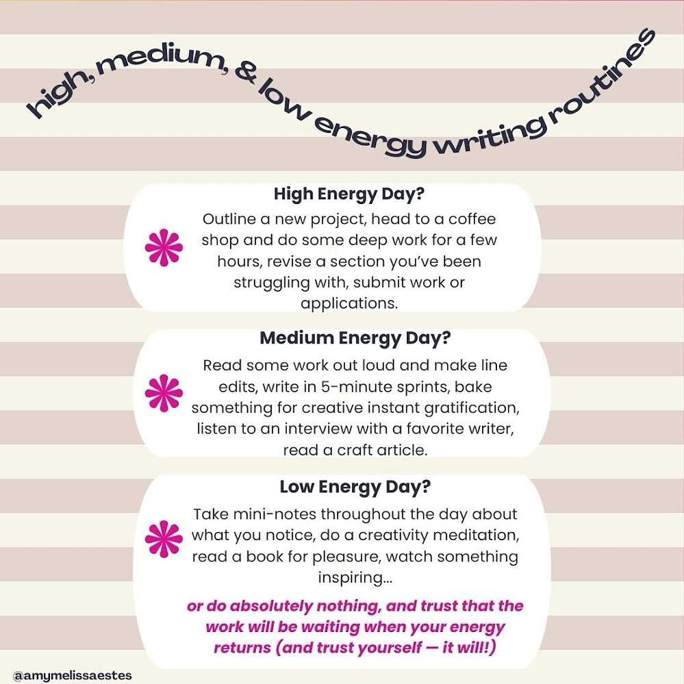 Most everyone has heard advice about writing every day &amp; the importance of consistency! I agree &mdash; I like to make sure I do *something* creative every day that fuels my writing. My energy levels change, so I switch up my routine depending on