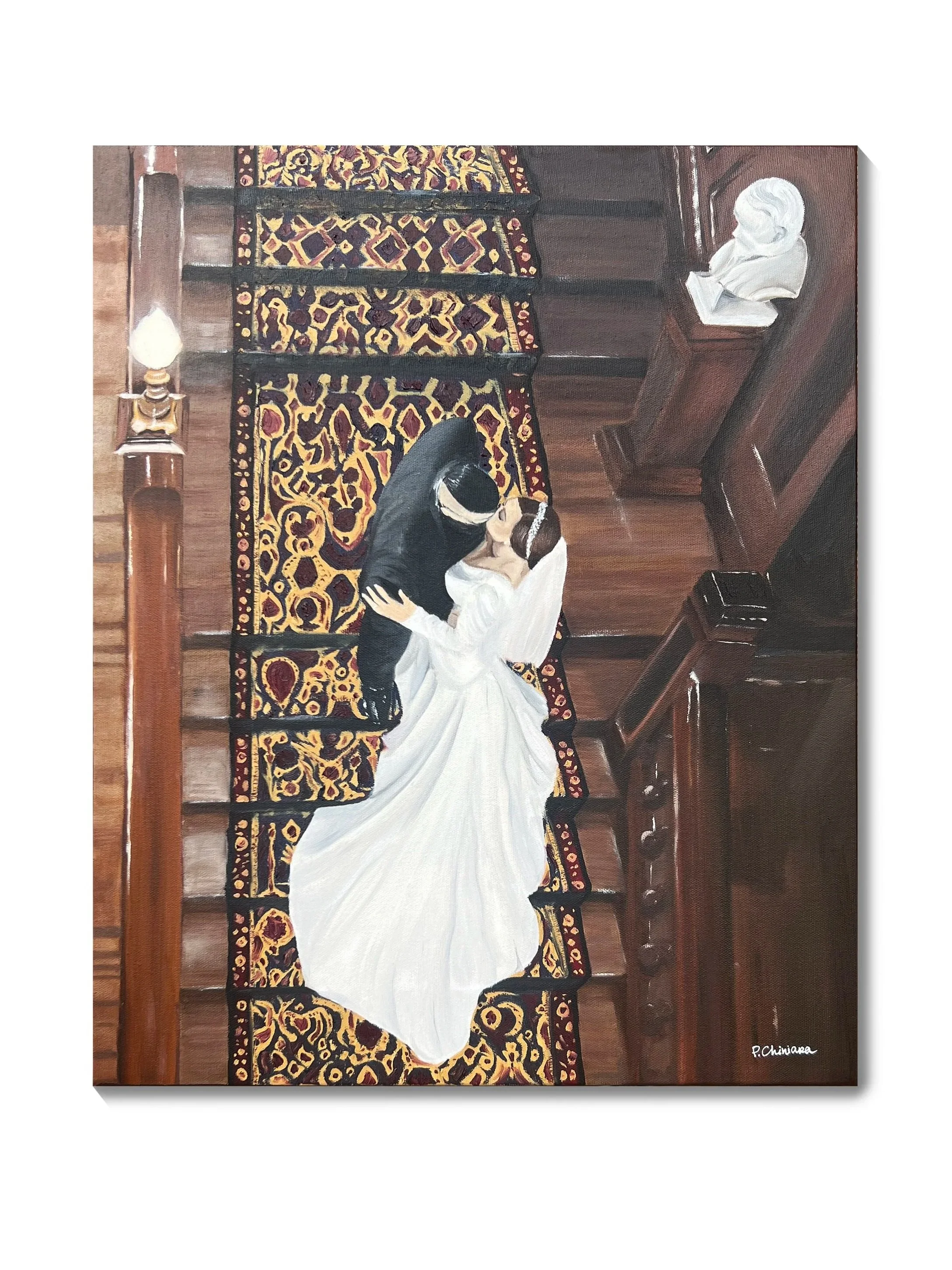Custom artwork of couple on their wedding day. Photograph turned into art. Canvas painting by artist. Wedding gifts. Montreal Quebec Canada art. Painting of a bride and groom kissing while ascending a staircase with ornate carpet and wooden banister.