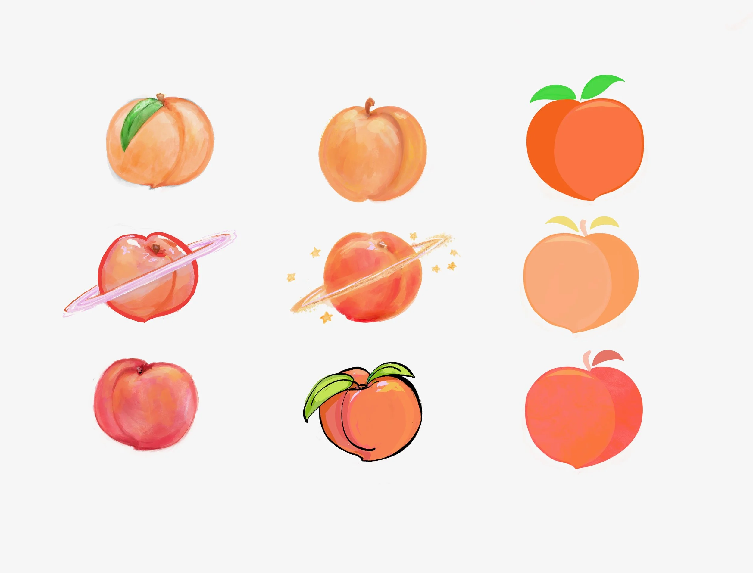 Nine different artistic illustrations of peaches arranged in a 3x3 grid, with various styles including realistic, stylized, with planets and stars, and with leaves.