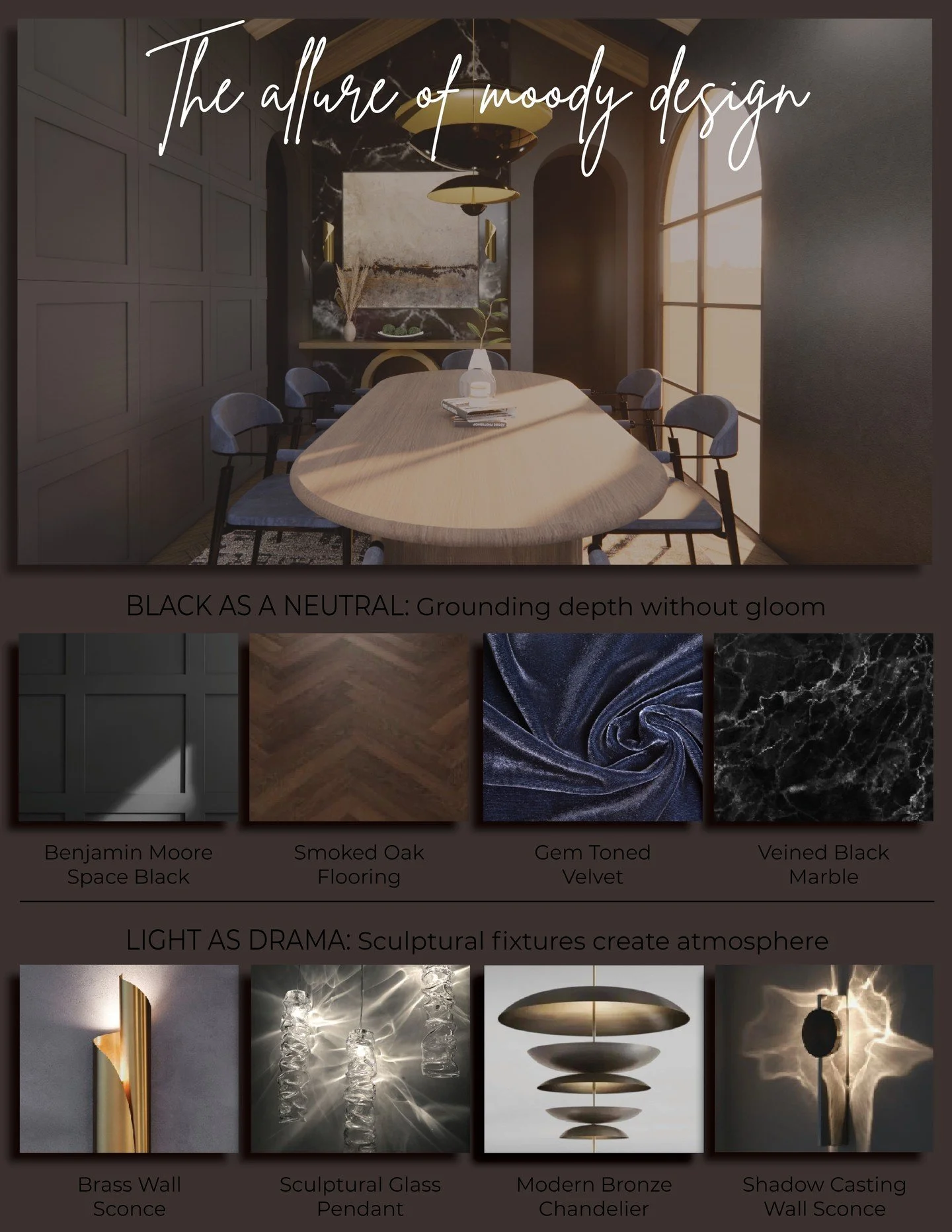 At Shades of Gray Design Studio, we love the quiet sophistication of moody interiors. This season, we&rsquo;re embracing black as a neutral, softened with brass, marble, and warm woods.

Statement lighting becomes sculpture, while finishes like matte