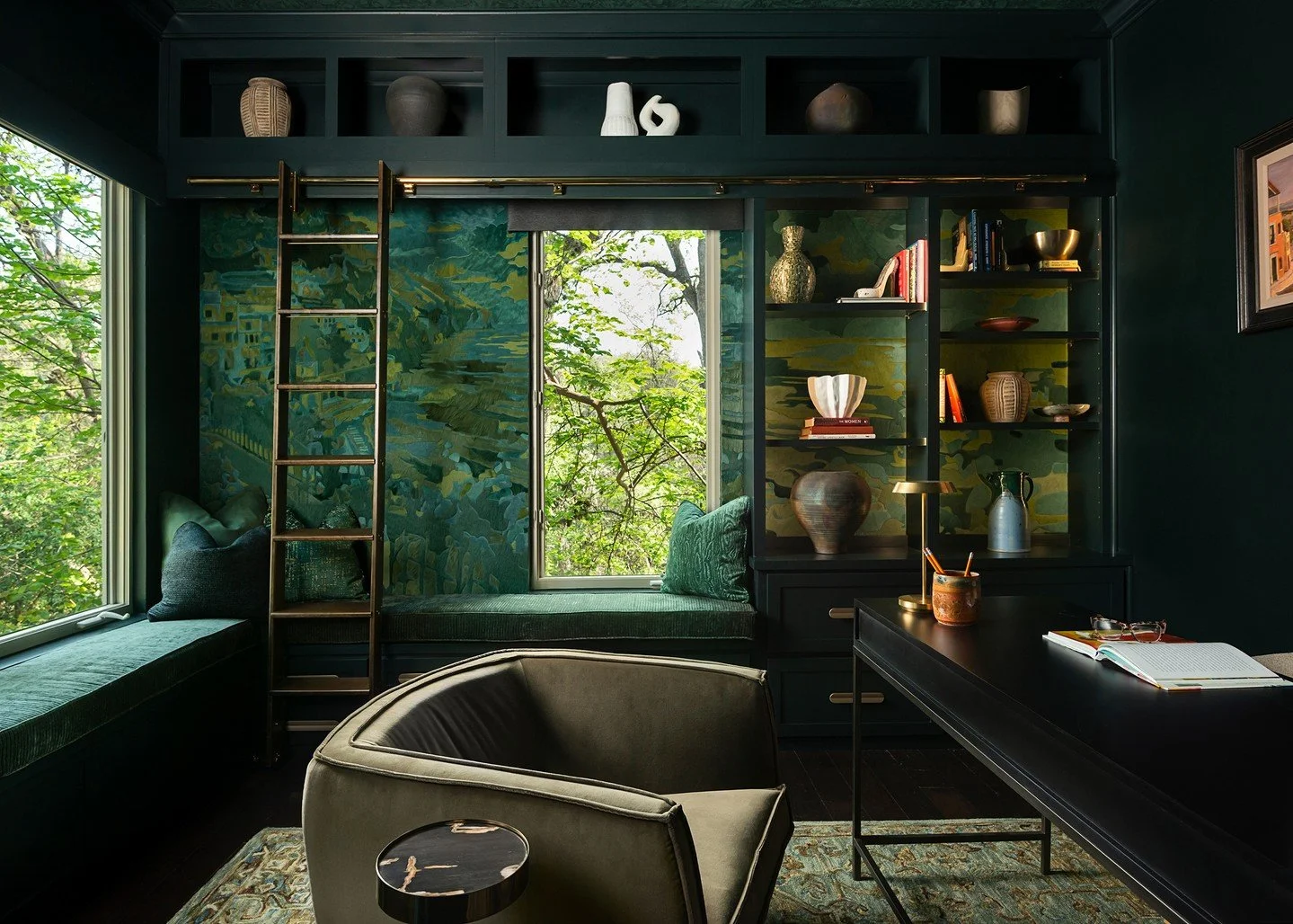 TRANSFORMATION // What was once a Texas style poker room for her husband, is now a lush green escape back to Italy (at least while she's getting some work done). 😉

We designed this office to feel seamlessly connected to the outdoors. Large windows 