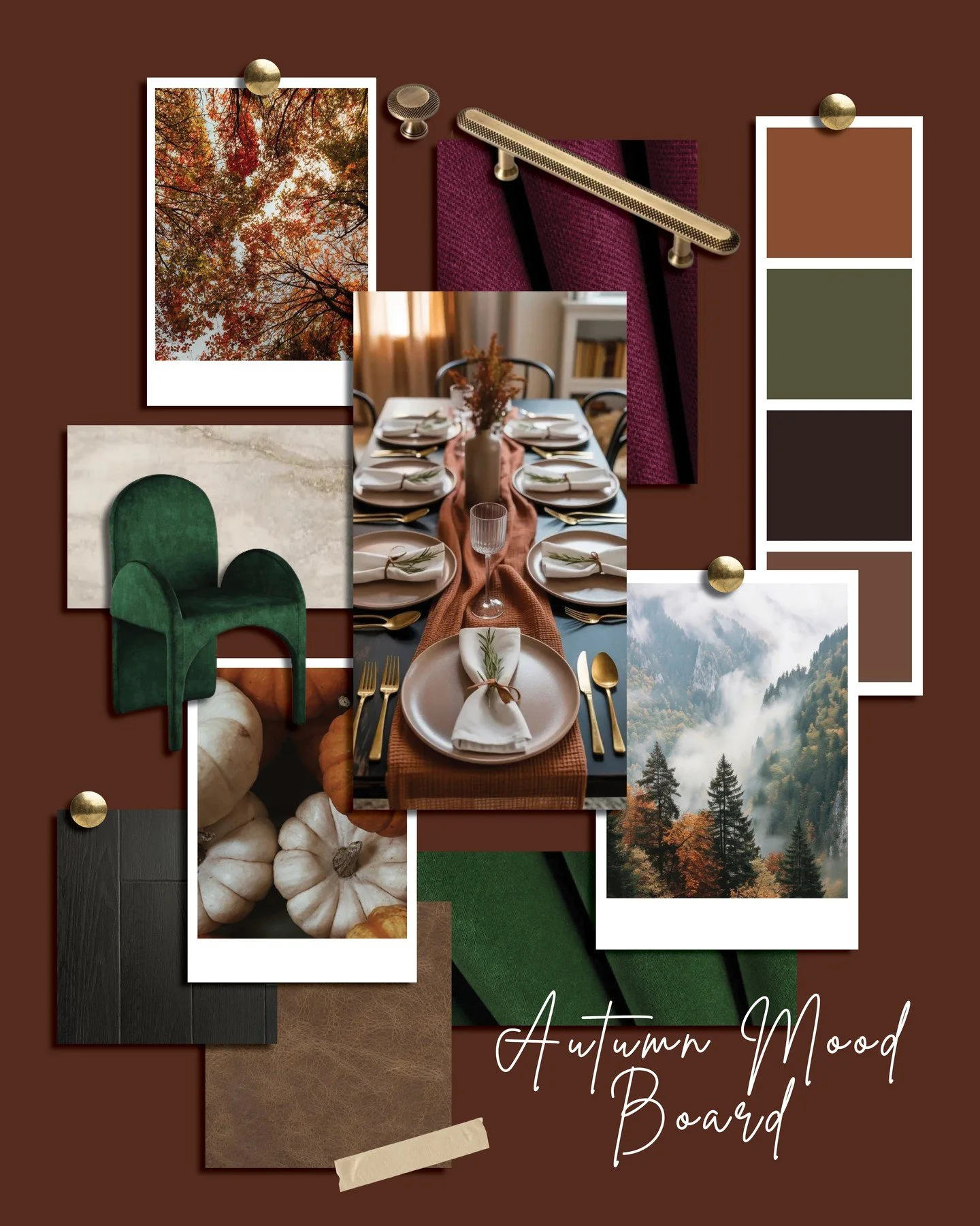 This season is all about rich layers and nature-inspired tones. 🍂 Our Autumn Mood Board blends colors like burgundy, olive, and rust with luxe textures like velvet, leather, wood and marble. A deep green dining chair and a refined table setting brin