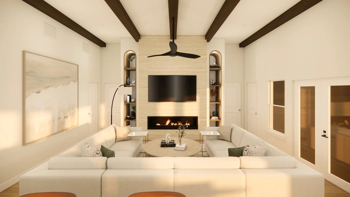 Our clients love their wine so we wanted to give them a touch of wine country charm, which inspired a transitional living room rooted in warmth and texture. 🍷 Light neutrals, rich materials, and a porcelain-look travertine fireplace bring timeless c