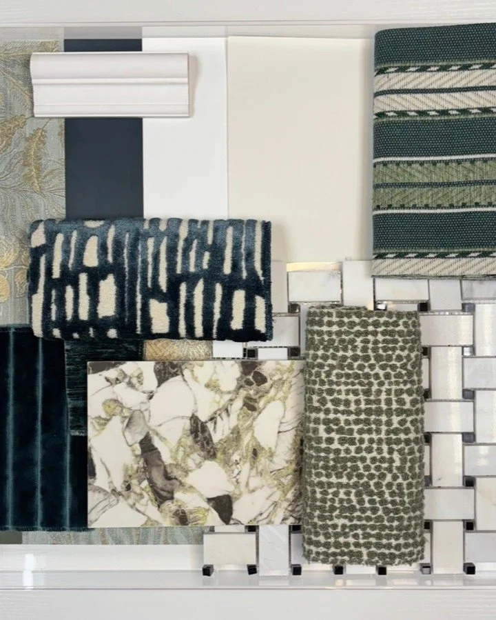 Here&rsquo;s a behind-the-scenes look at one of our newest material boards ✨ Designed with layers of luxury in mind, this palette features a bold statement stone, rich fabrics with exquisite textures and patterns, and warm gold accents for timeless e
