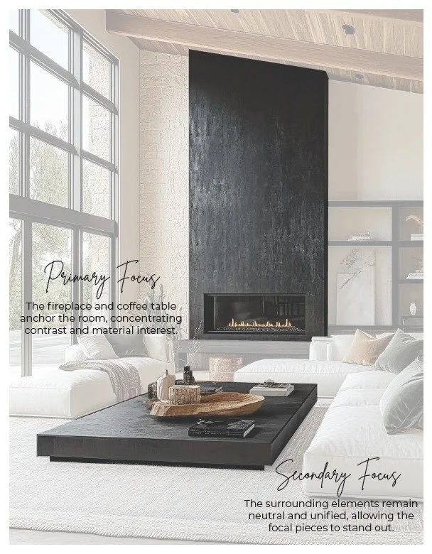 Our take on an interior design proportion rule.🤓

When roughly 60% of a room feels calm and unified, it creates space for the remaining 40% to stand out with clarity. In this living room, a restrained palette sets the foundation, allowing the firepl