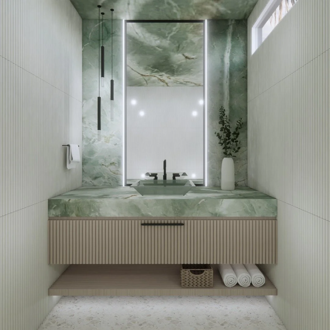 BOLD FROM BASIC | This bathroom shows how far thoughtful finishes can take a space.

By swapping materials, textures, and fixtures, a standard bathroom comes alive. Rich green finishes, layered textures, and statement pieces transform the space, prov