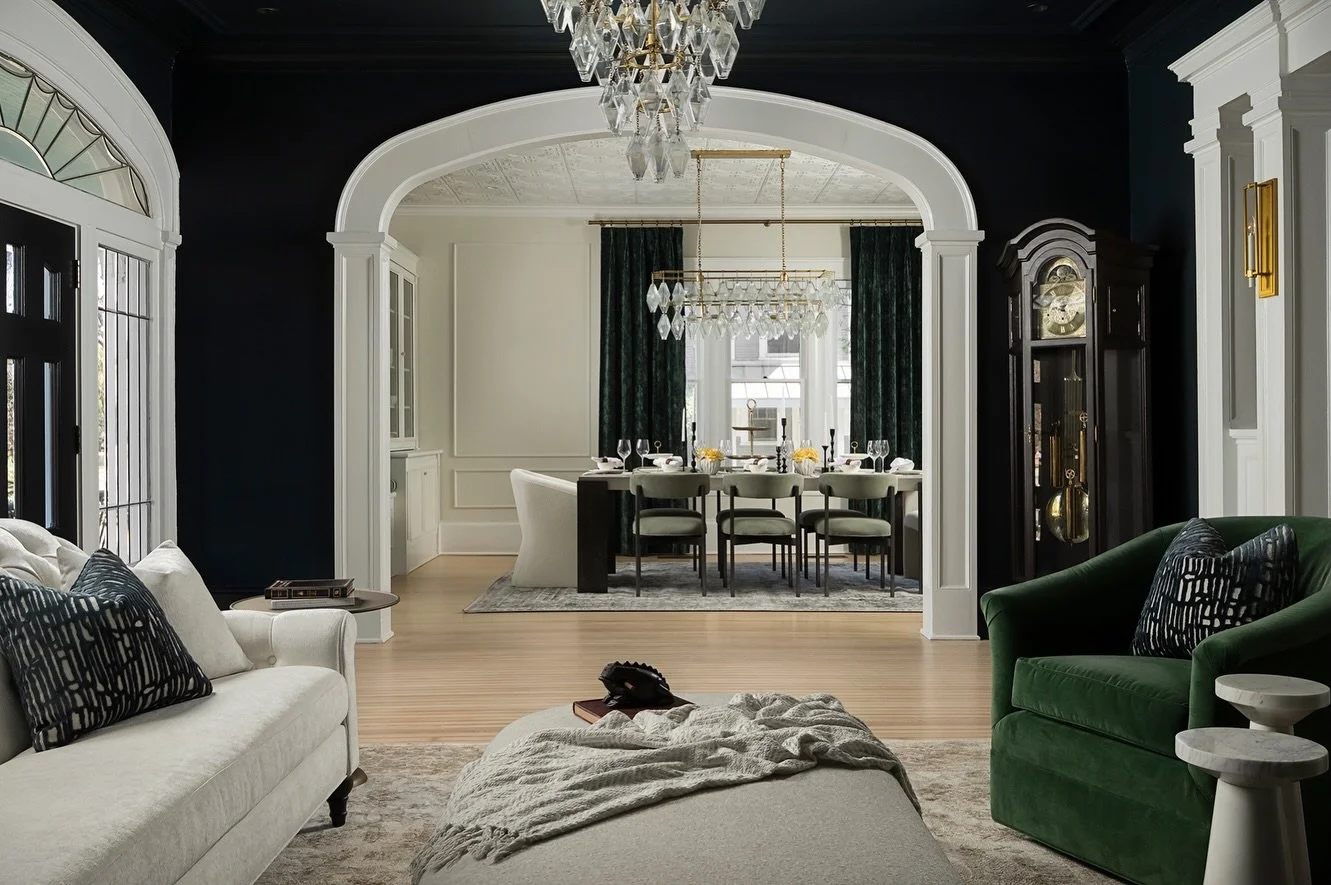 BEFORE + AFTER |  A view that tells the whole story 😍

This perspective captures the seamless connection between living and dining&hellip;where original character meets intentional design. We preserved the architectural trim and molding, then layere