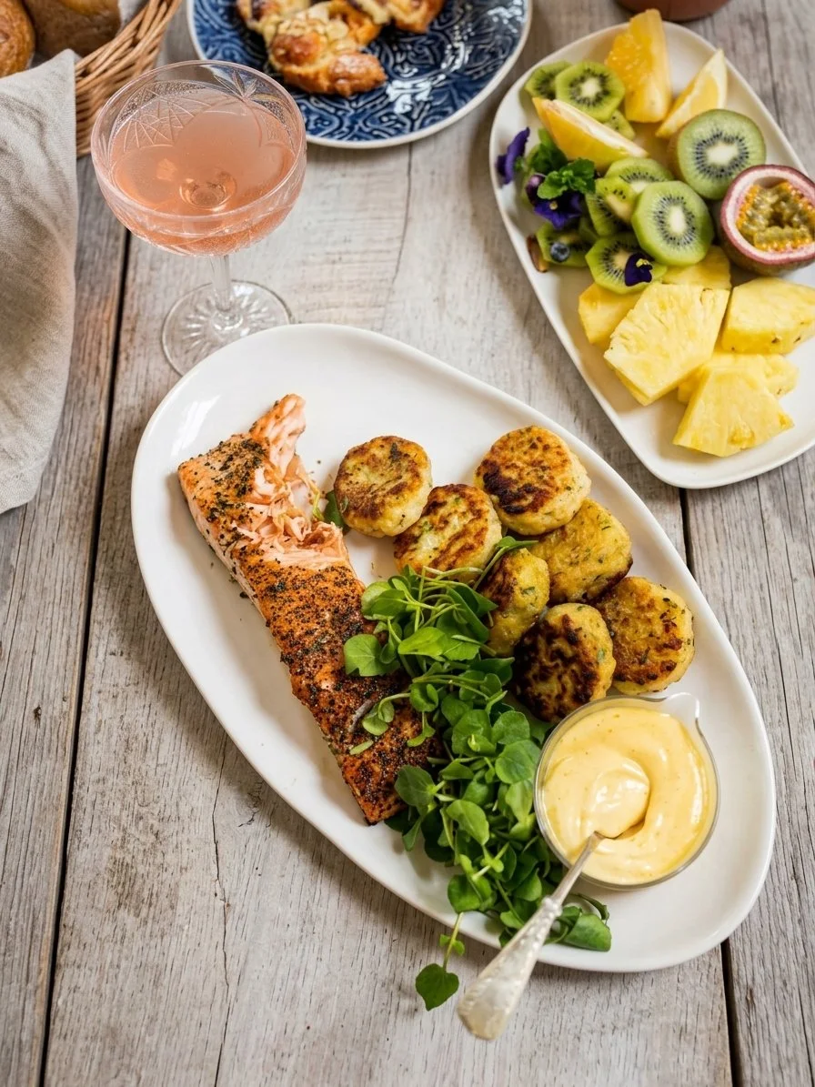 Potato cakes with smoked salmon, Dijon hollandaise and fresh greens, alongside a vibrant fruit platter and pink drink.Potato cakes with smoked salmon, Dijon hollandaise and fresh greens, alongside a vibrant fruit platter and pink drink.