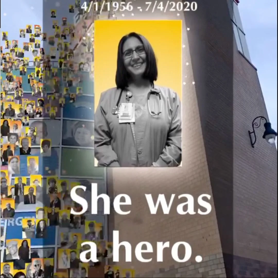 Augmented reality remembrance of Isabelle Papadimitriou, a Dallas respiratory therapist who died of Covid-19, reading "She was a hero." Submitted by her daughter Fiana Garza Tulip.