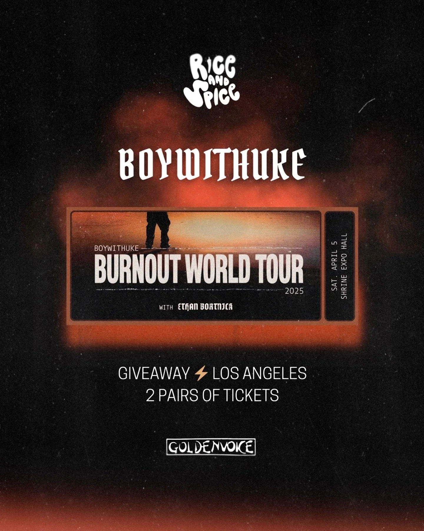 GIVEAWAY CLOSED ❤️&zwj;🔥

Returning from our hiatus, Rice &amp; Spice is excited to announce our partnership with Goldenvoice. We are collaborating to give away 2 pairs of tickets (4 tickets) to BoyWithUke&rsquo;s Los Angeles show at Shrine Expo Hal