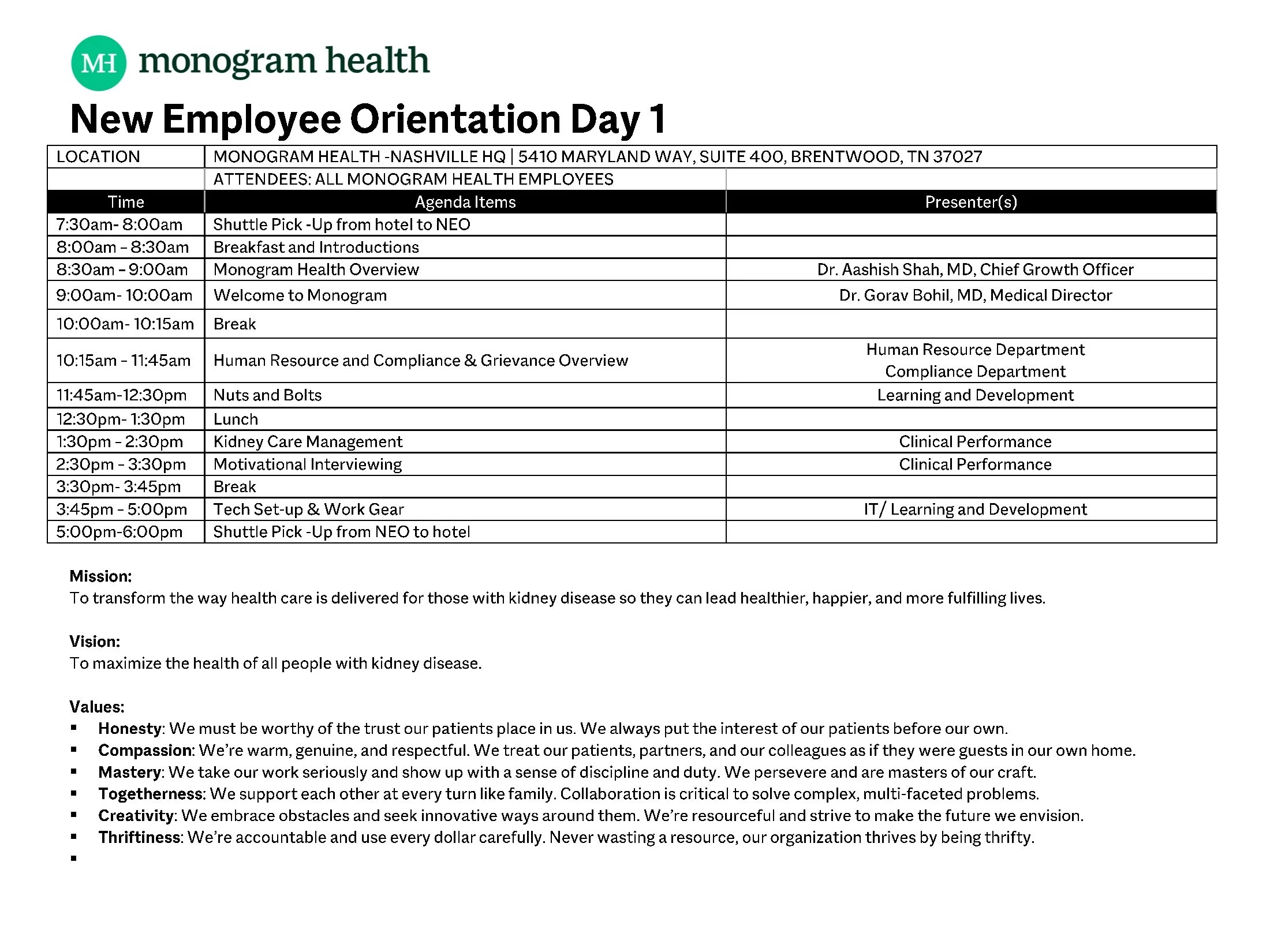 NEO Agenda — Monogram Health