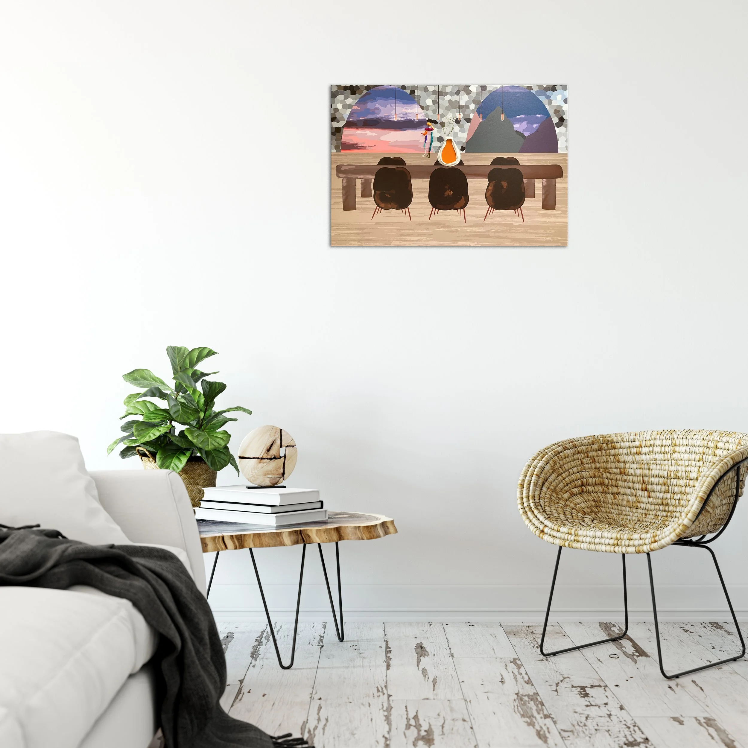 Living room with a white sofa, a small wooden table with plants and books, a rattan chair, and a colorful landscape painting on the wall.