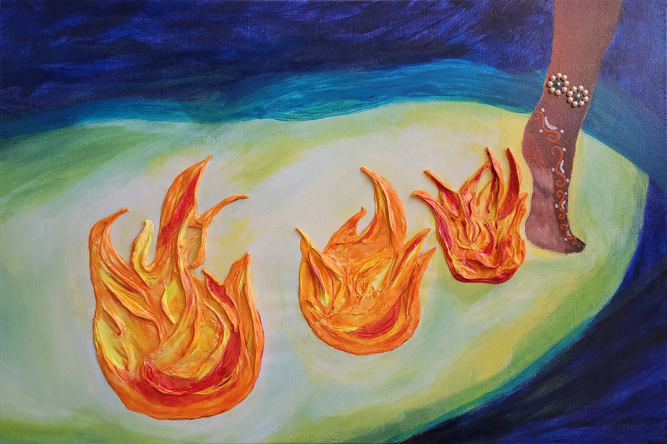 "Flame the Cave" with Hand-Clayed Flames, Alta, and Glued Jewelry (Payal)