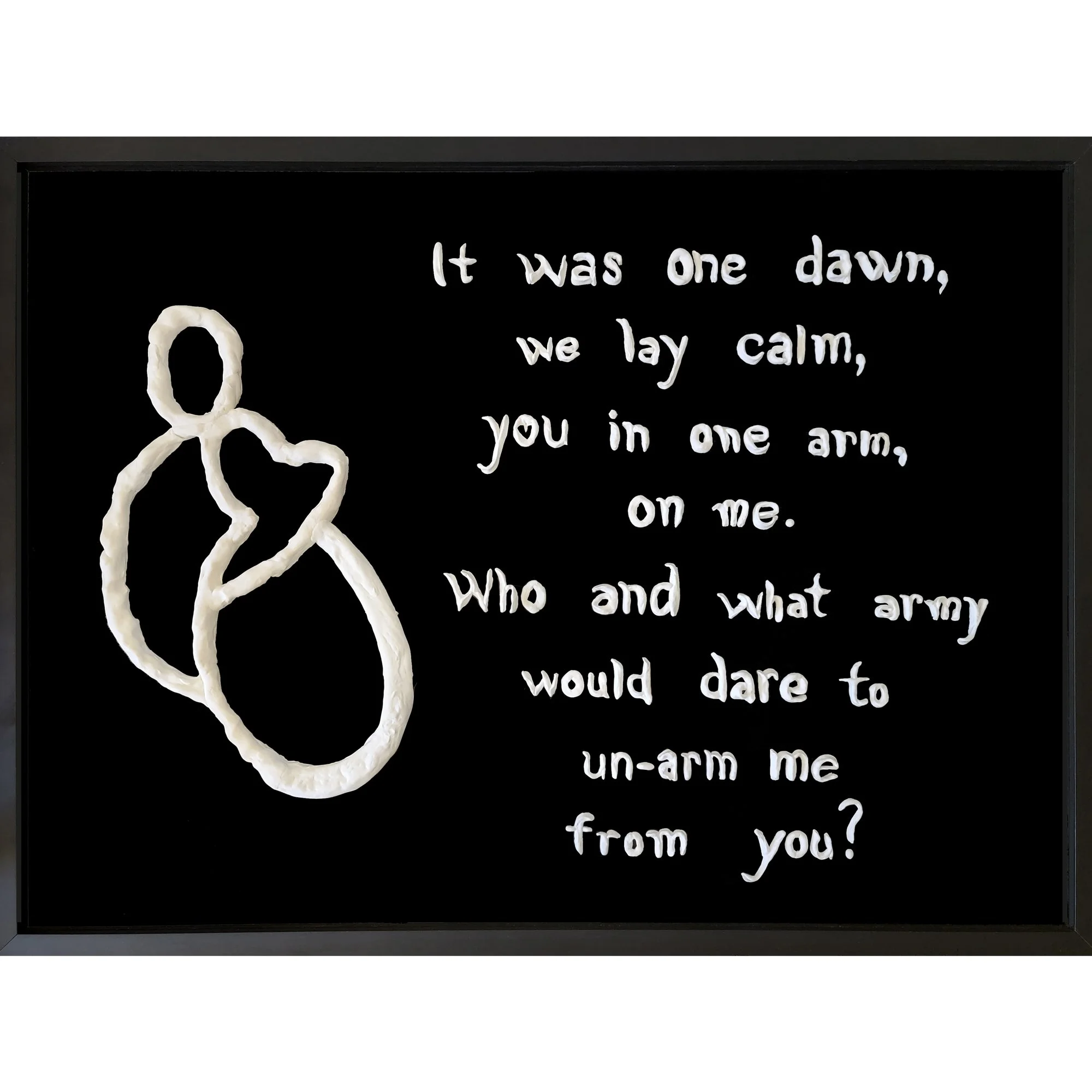 A blackboard with a white string art illustration of two arms embracing and a romantic poem written in white text.