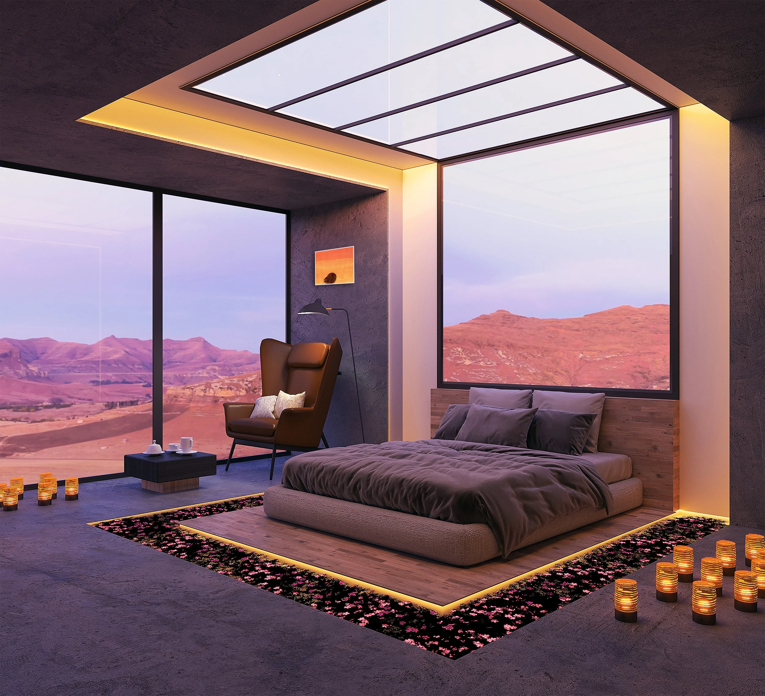 A modern bedroom with large windows showing a desert landscape of mountains and hills, a bed with dark bedding, a cozy armchair with pillows, and candles on the floor with warm lighting.