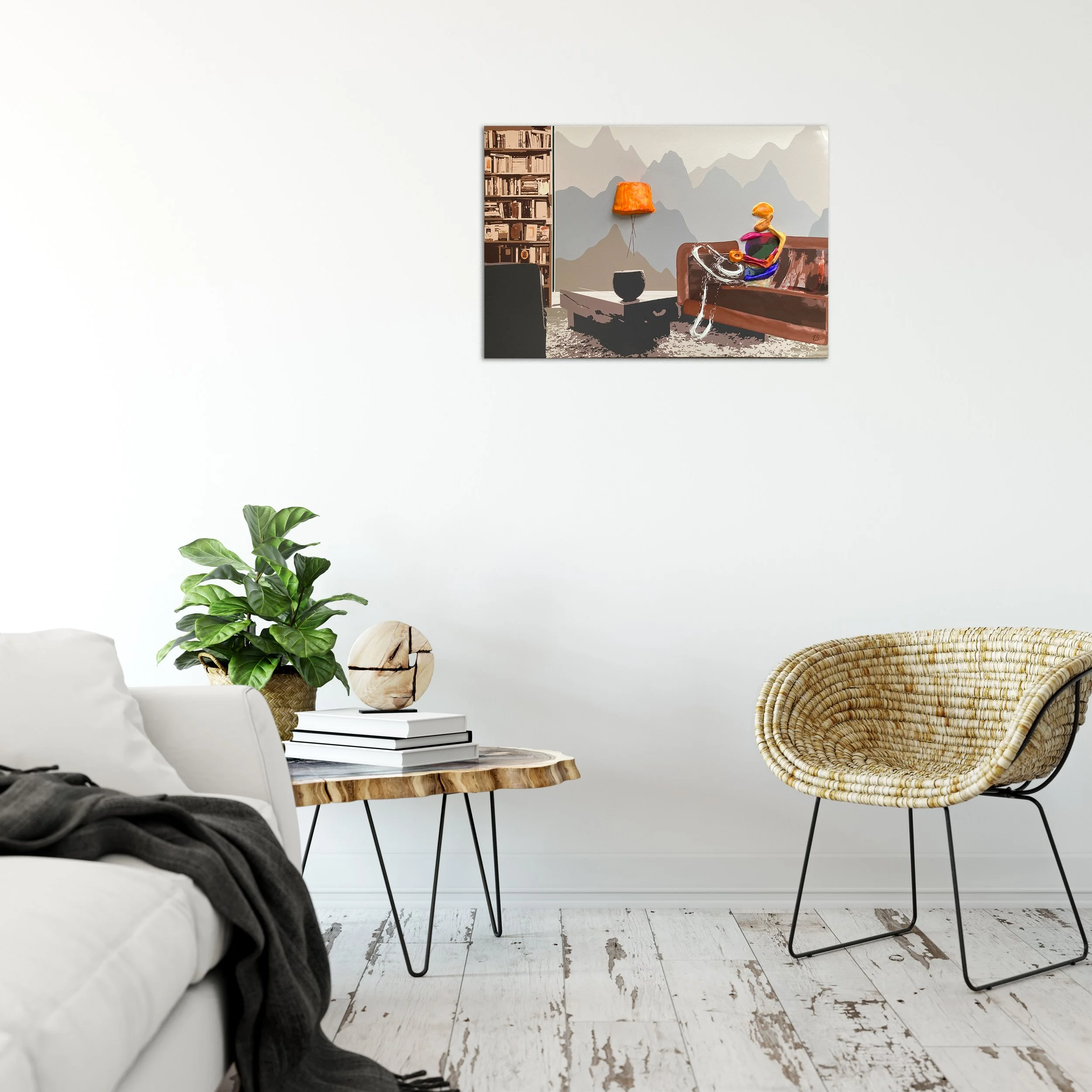 Minimalist living room with white walls, a white sofa with a dark gray blanket, a small rustic wooden side table with a green potted plant and a decorative round wooden sculpture, a woven banana leaf chair with black legs, and a modern colorful painting hanging on the wall above.