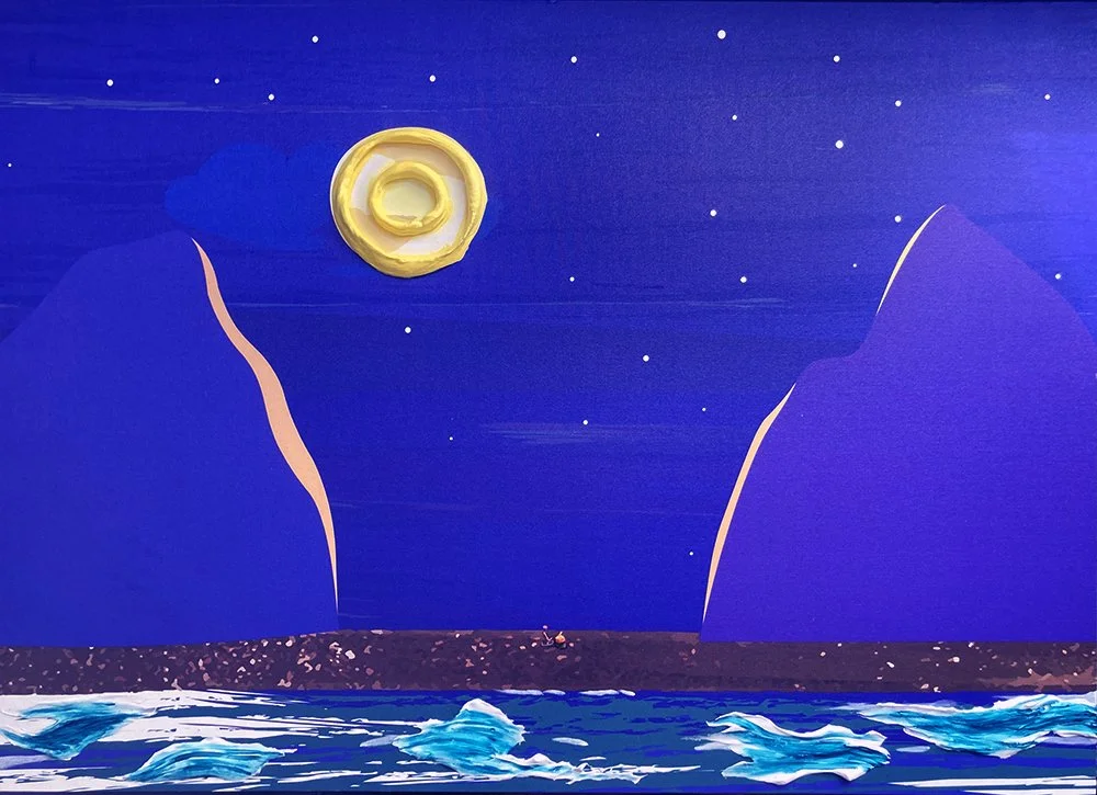 Stylized blue night sky with stars, full yellow moon made in clay, mountains, and ocean with waves made in clay and painted blue.