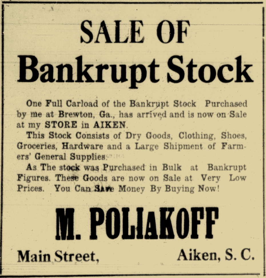 M Poliakoff Sale Ad, Aiken Standard & Review, 12-15-1920.png