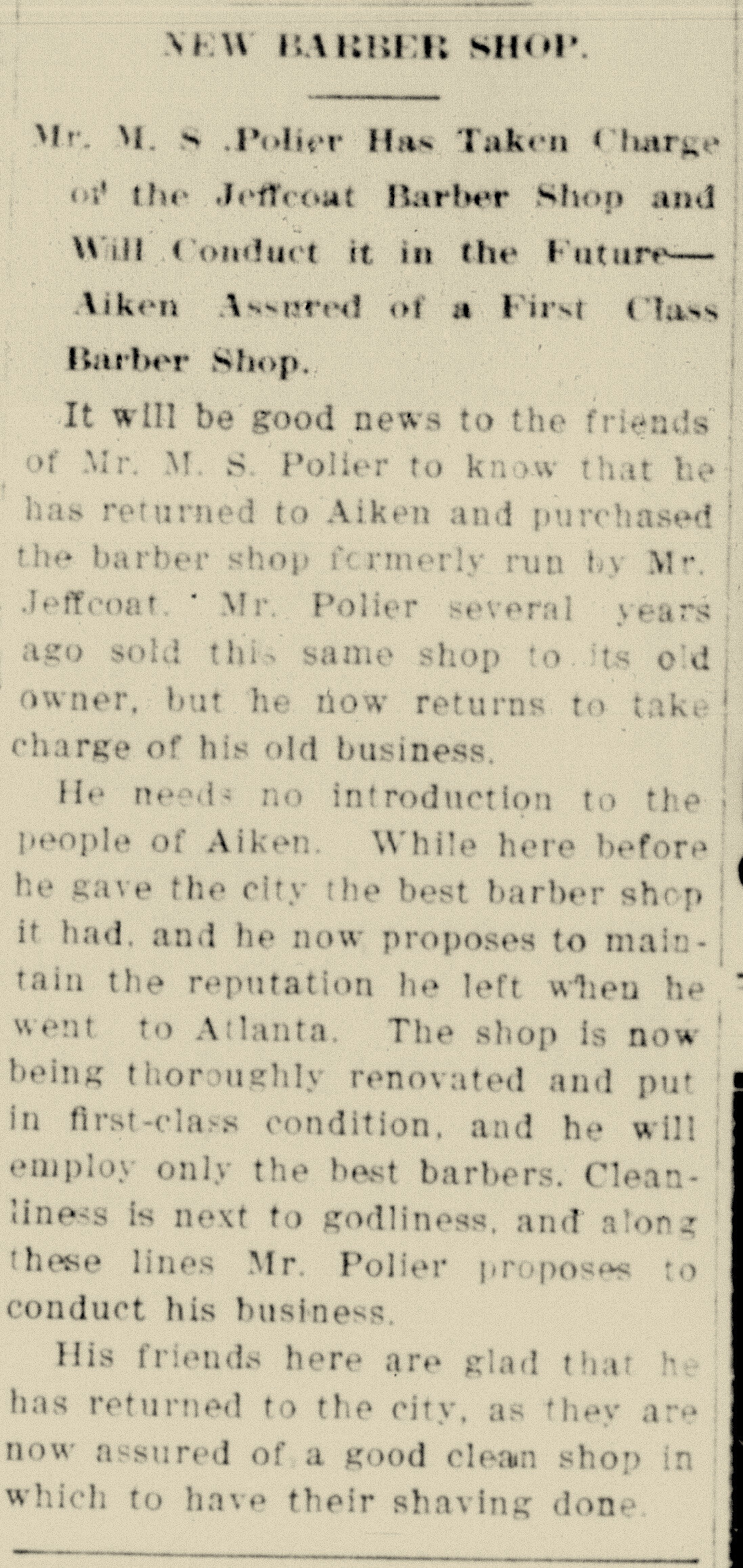 MS Polier Barber Shop, Aiken Journal & Review, 10-5-1909.jpg