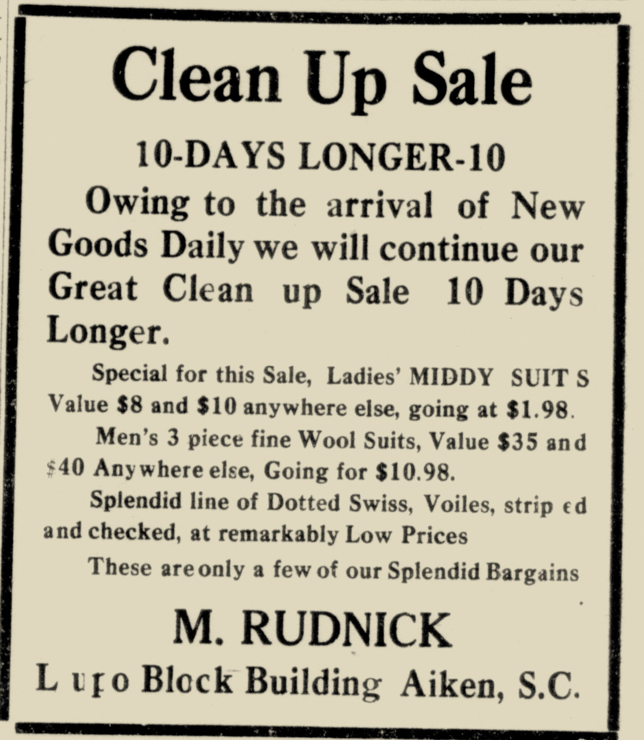 M Rudnick Ad, Aiken Journal & Review, 5-10-1922.jpg