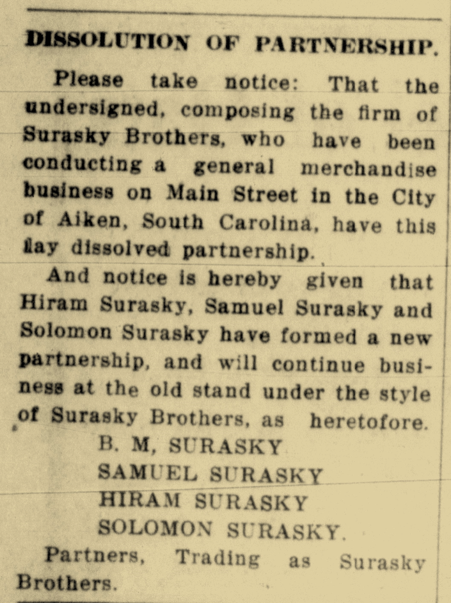 Dissolution of Surasky Brothers Partnership, 1917.png