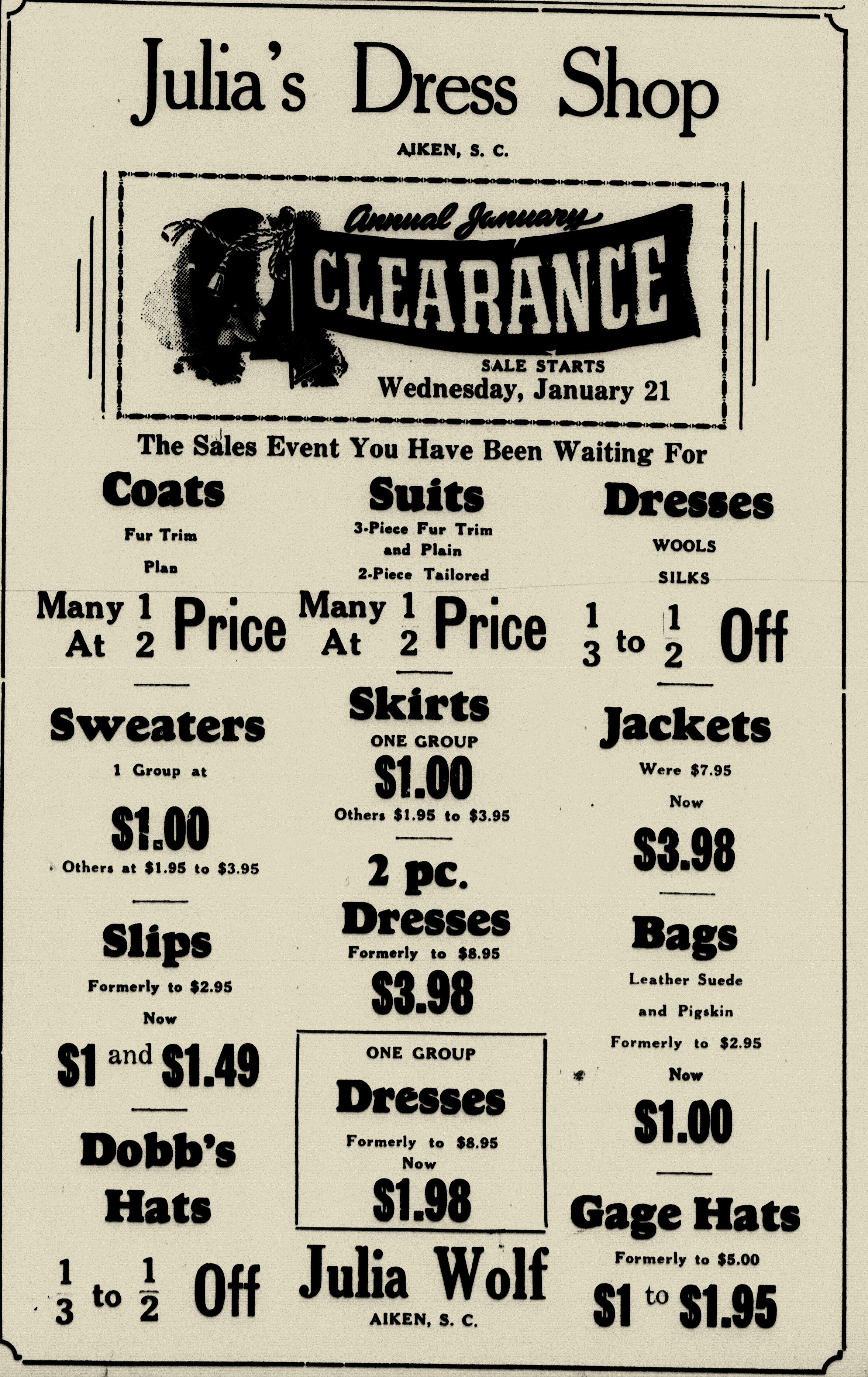 Julia's Dress Shop Ad, Aiken Standard & Review, 1-21-1942.jpg