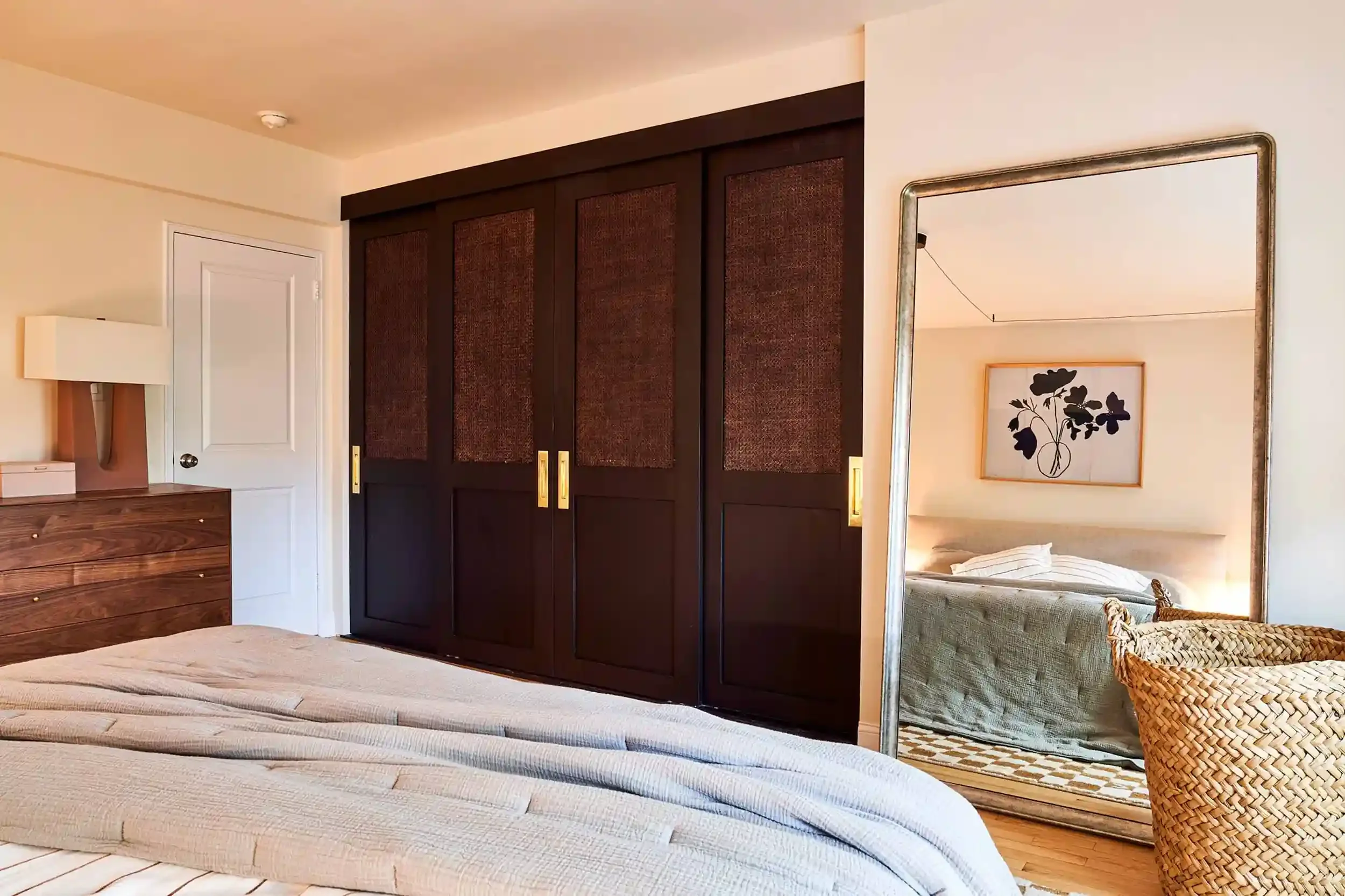 Mahogany closet doors in bedroom
