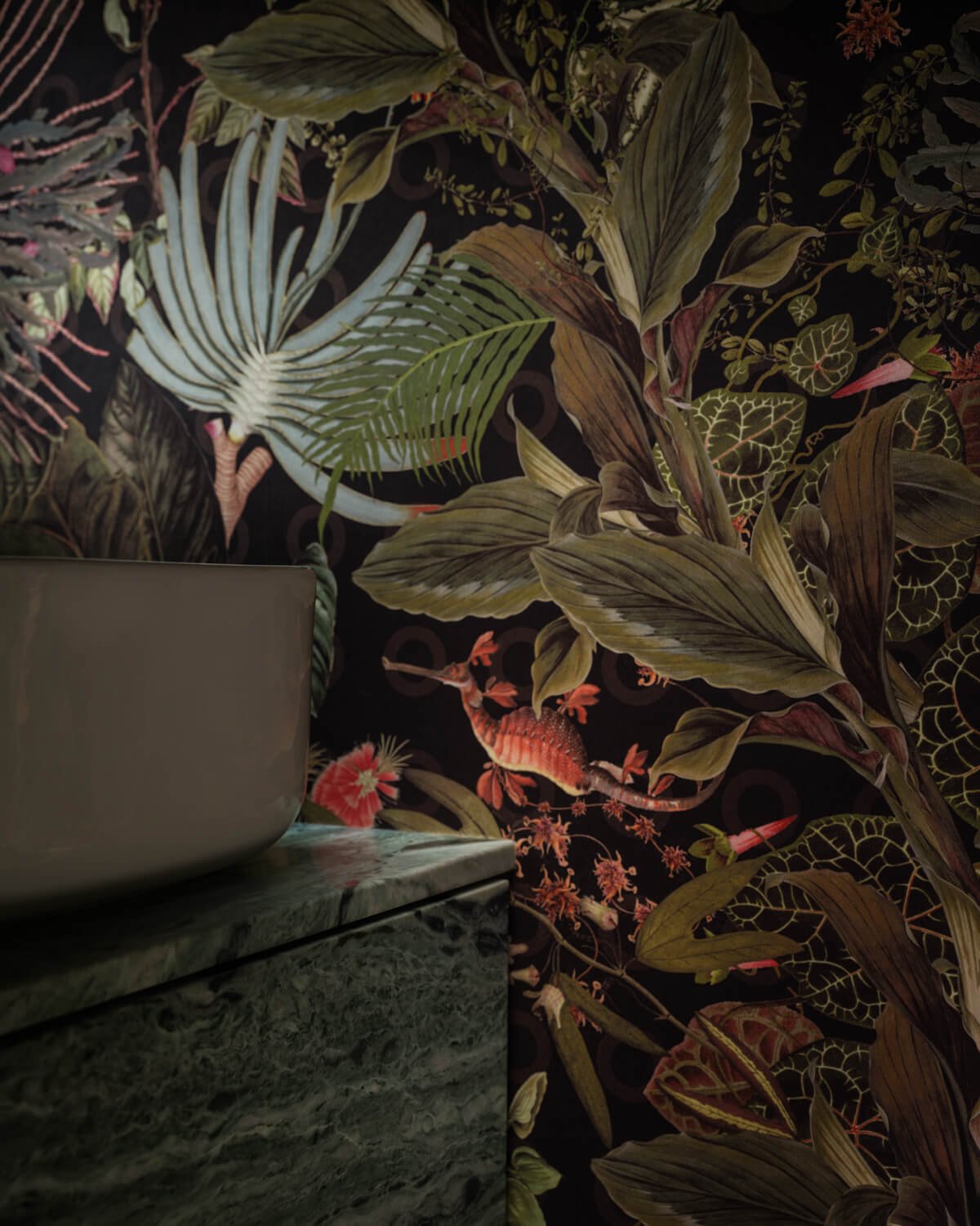 custom green marble vanity moooi wallpaper prewar renovation Manhattan