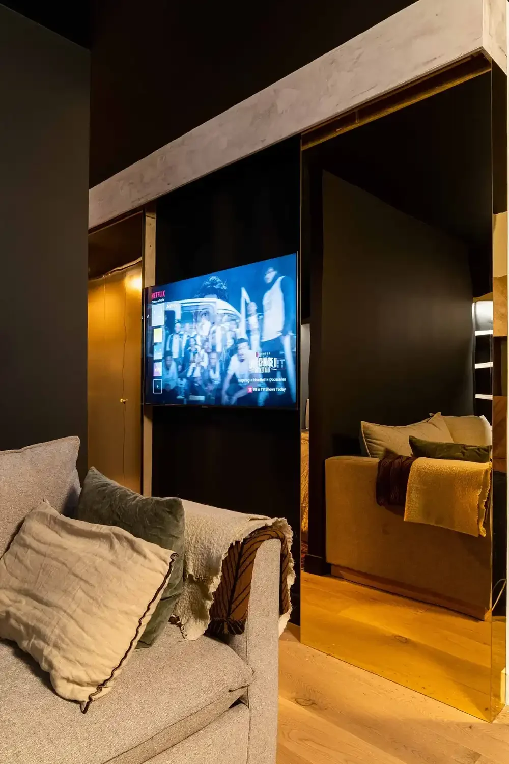 Custom television mount from the reimagining of a studio space in Gramercy, located in Manhattan