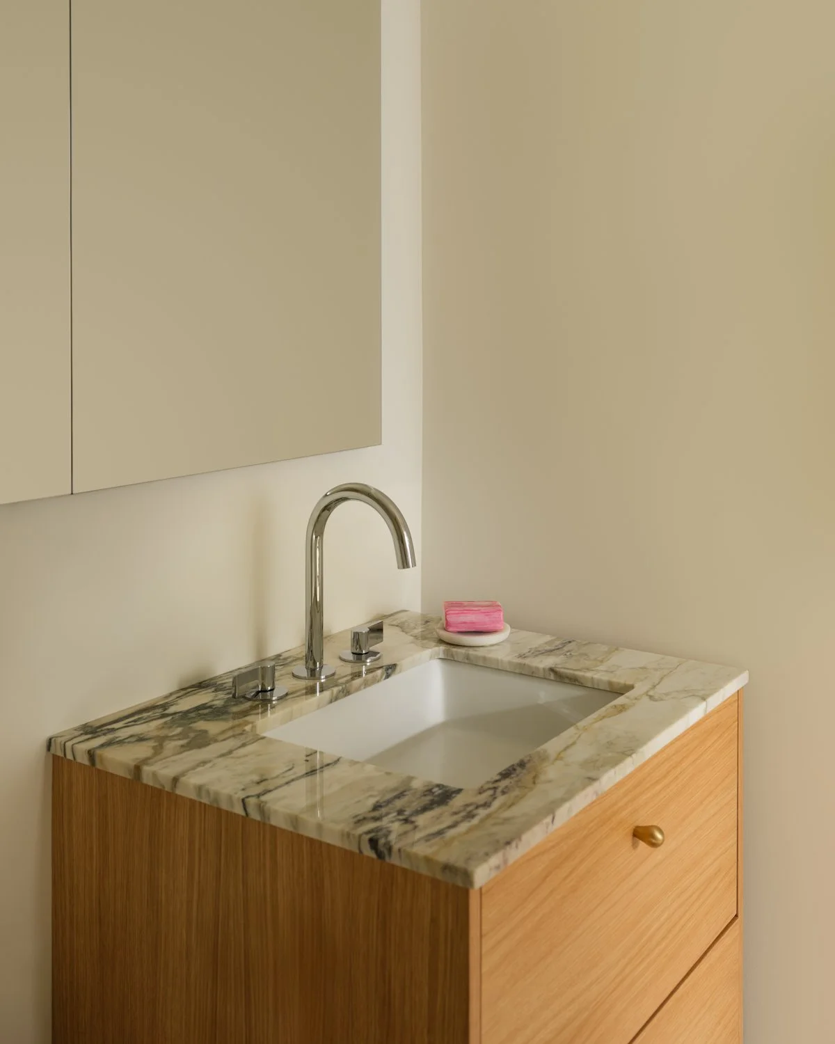 Bathroom with Custom Oak Vanity and Marble Countertop for East Village Renovation by Mammoth