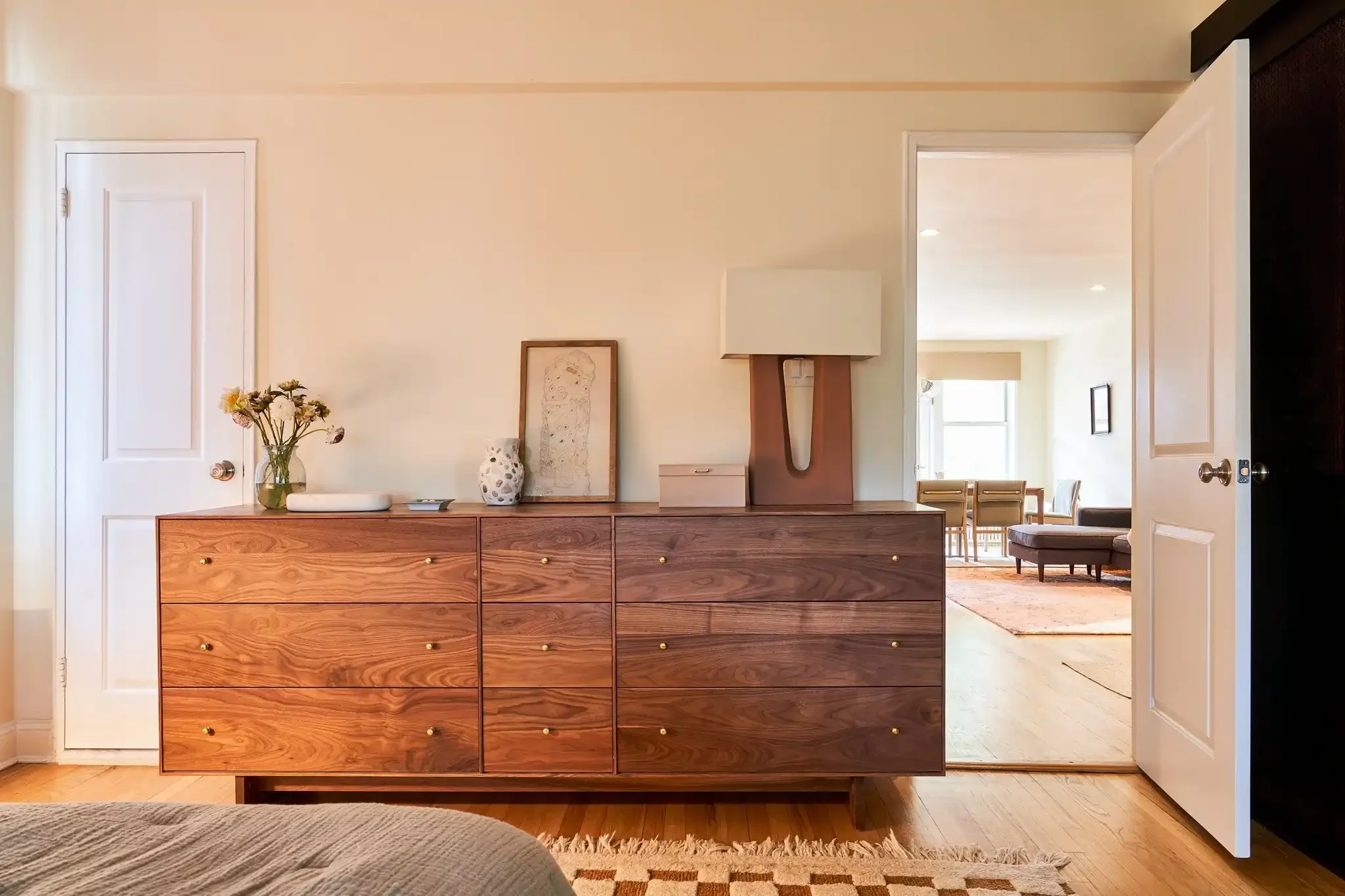Minimalist wooden dresser in home