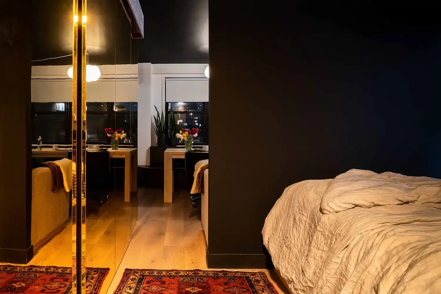 Another bedroom view from a detailed revamp of a studio apartment in Manhattan's Gramercy district