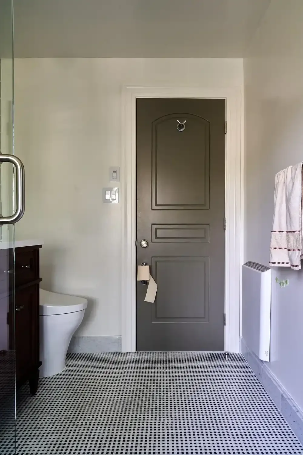 Entrance to renovated blue bathroom