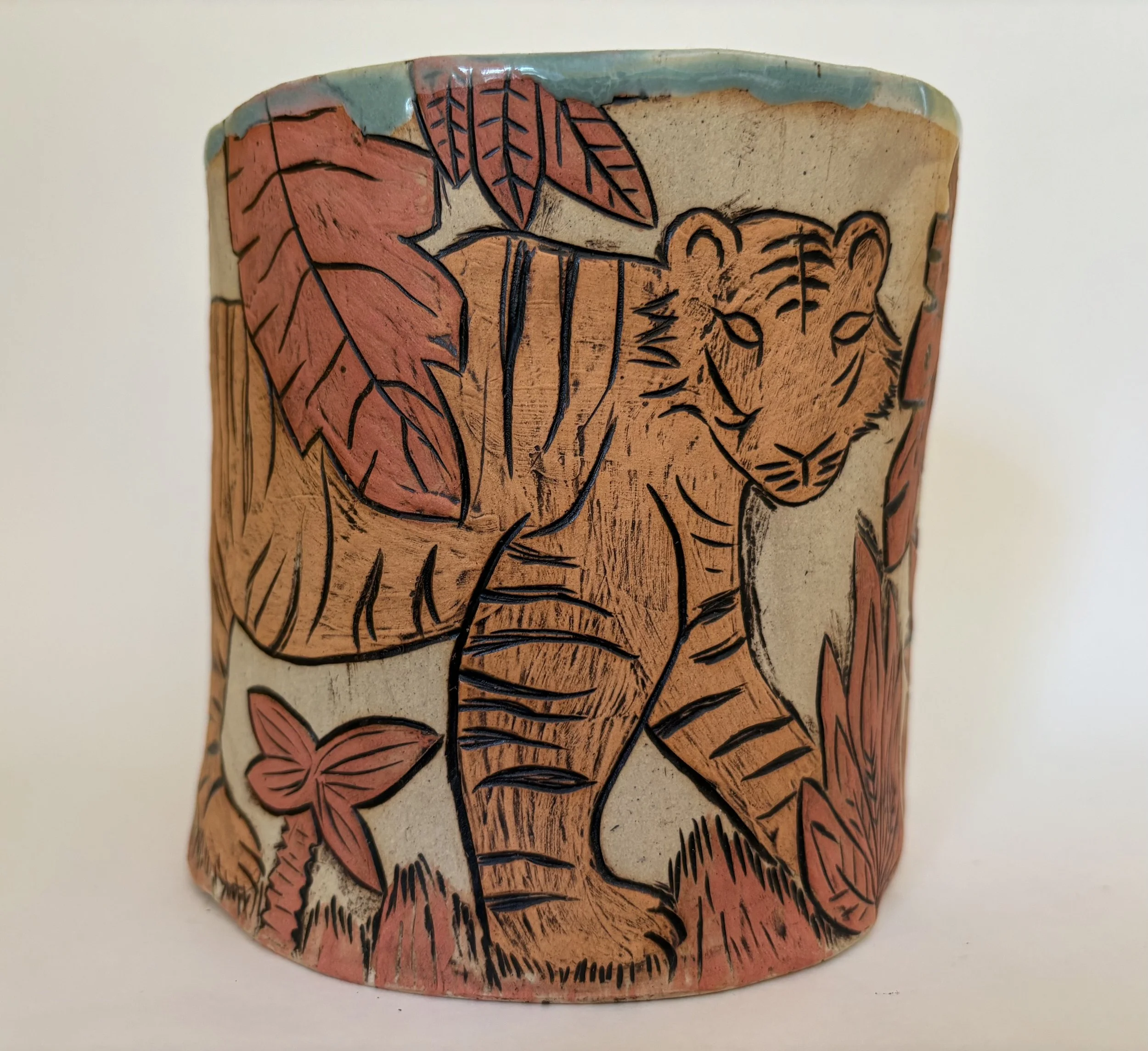 "Tiger in Pink Jungle," ceramic planter