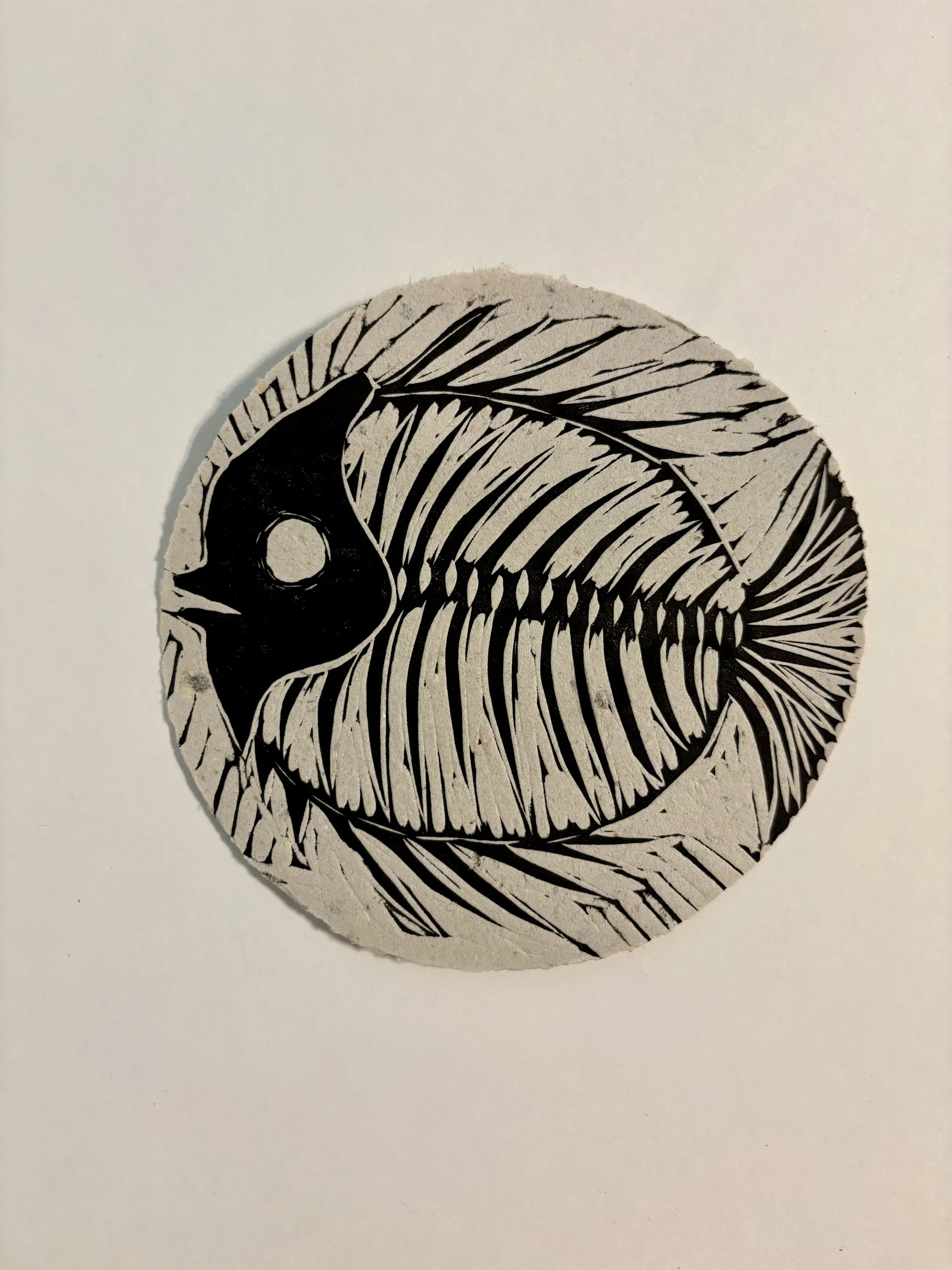 "Fossil Fish I," linocut print on handmade paper