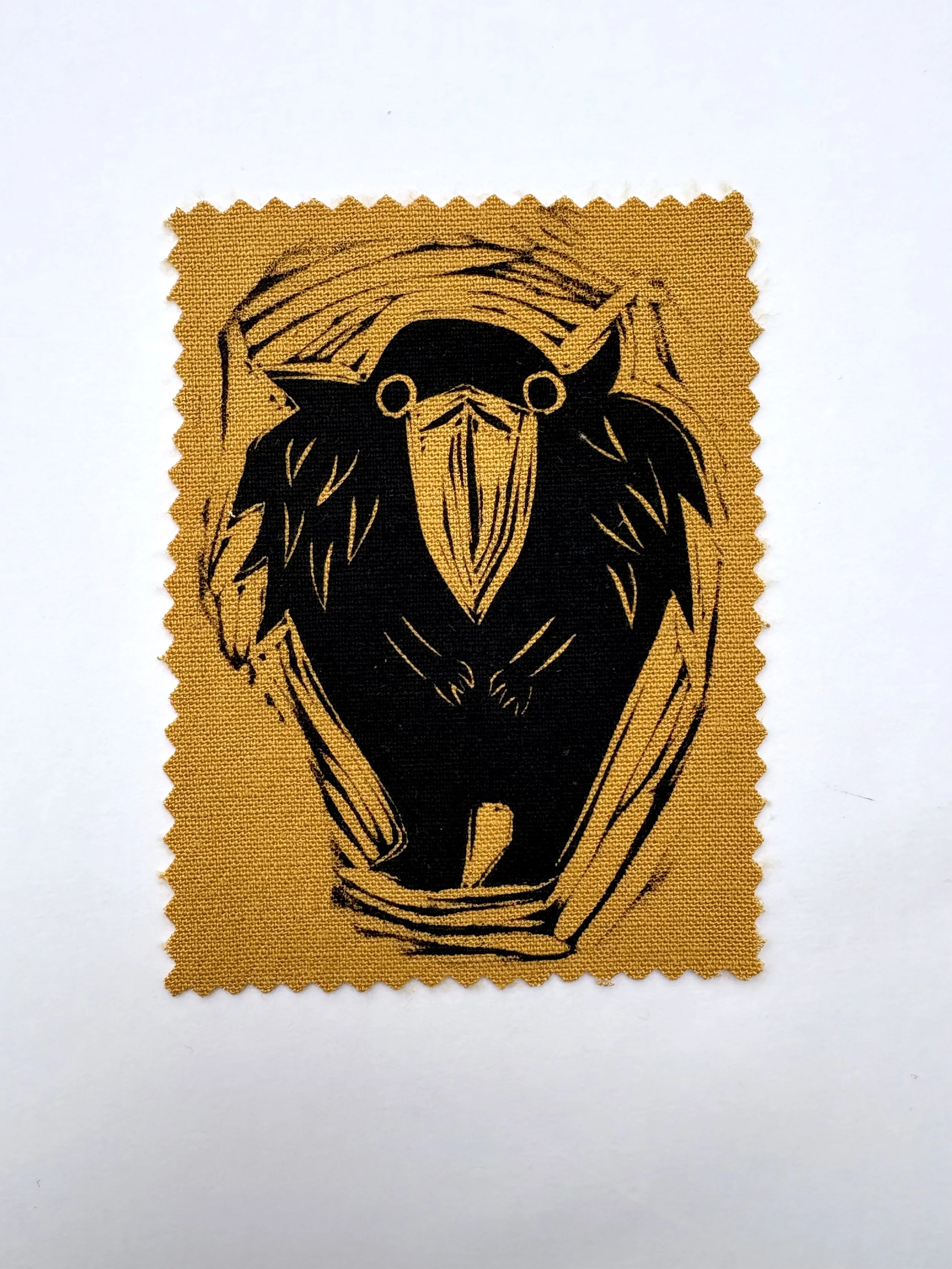 "Bird Demon," linocut print on fabric patch