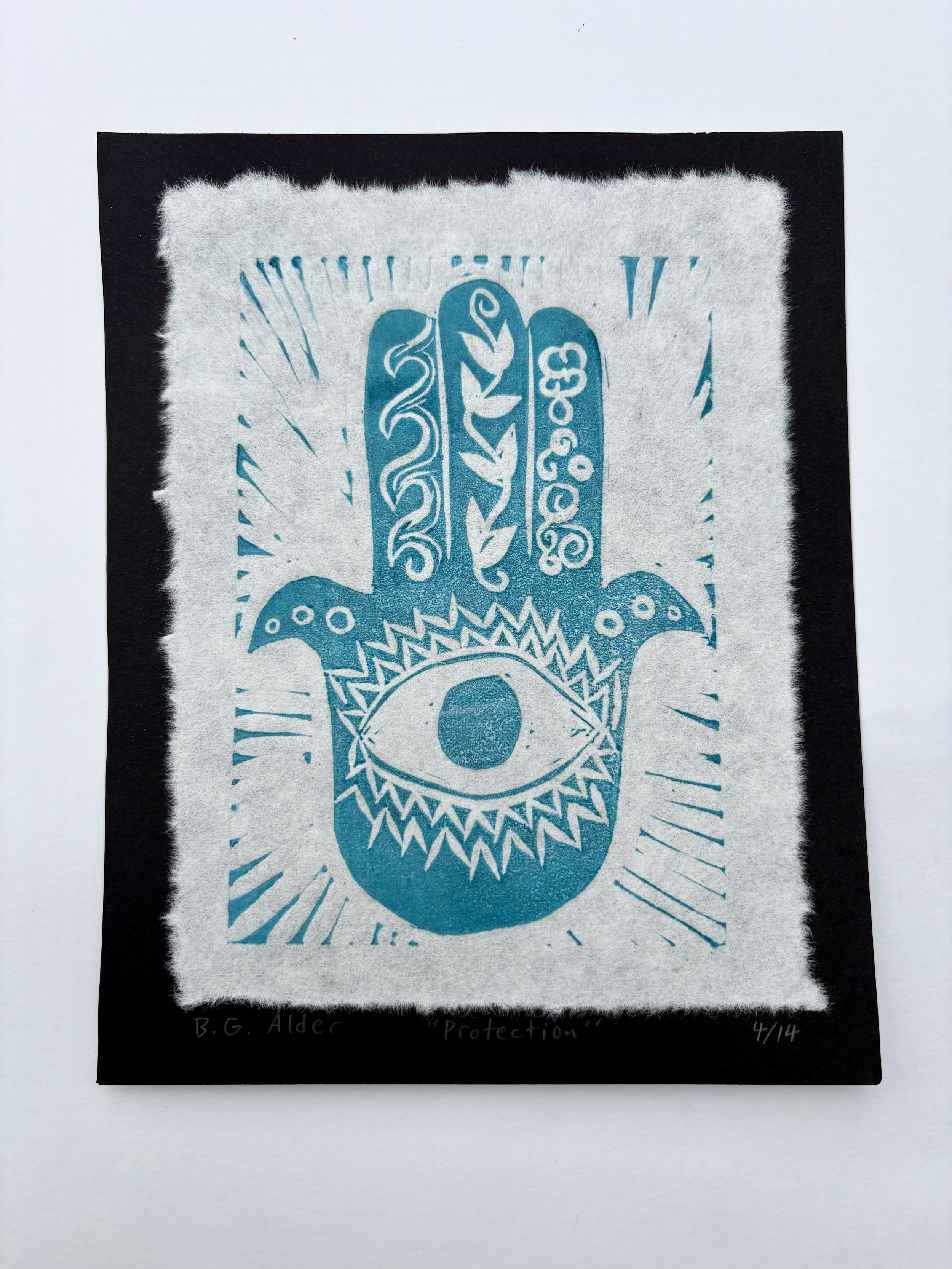 "Protection," linocut print on rice paper