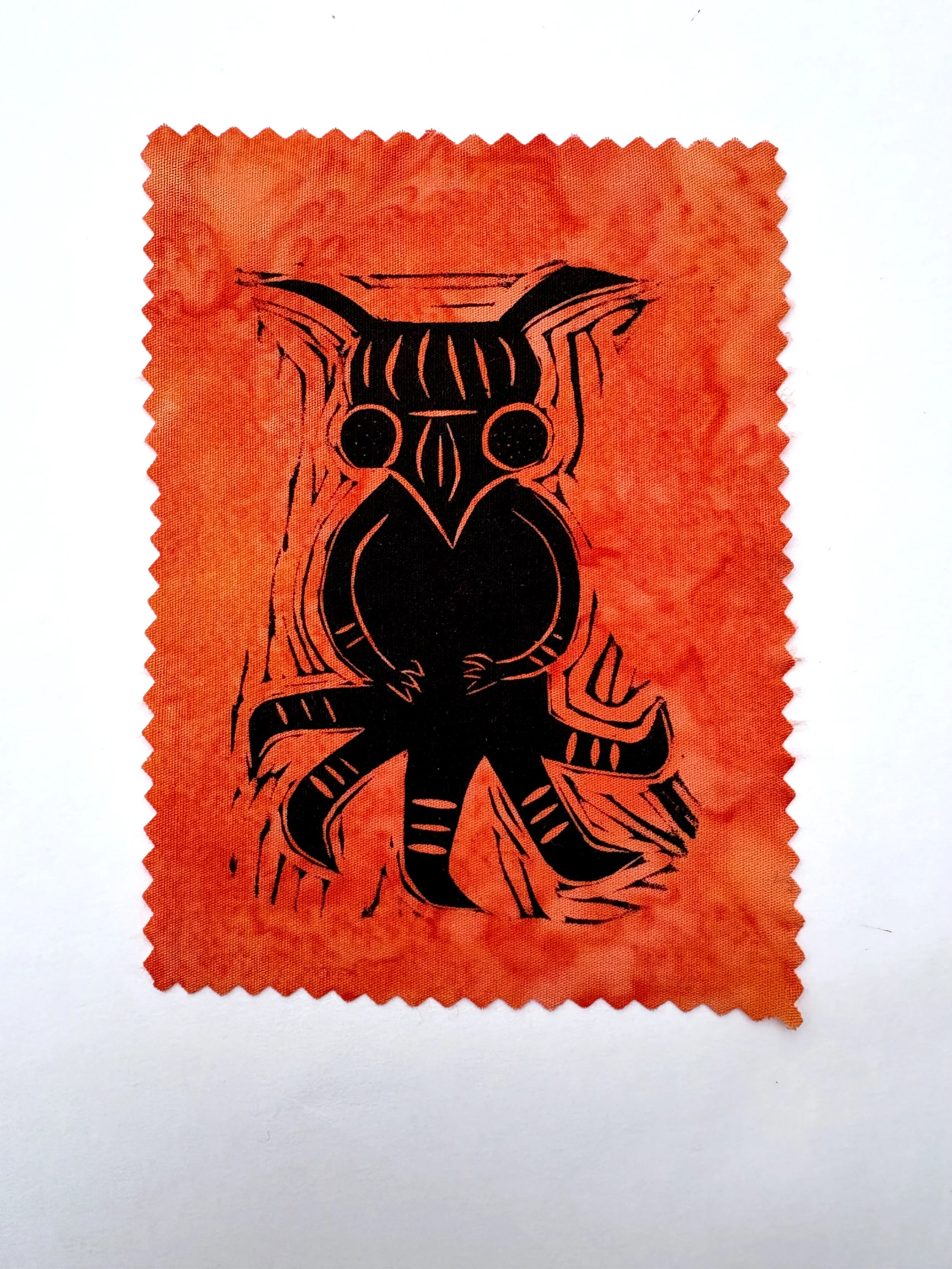 "Treehopper," linocut print on fabric patch