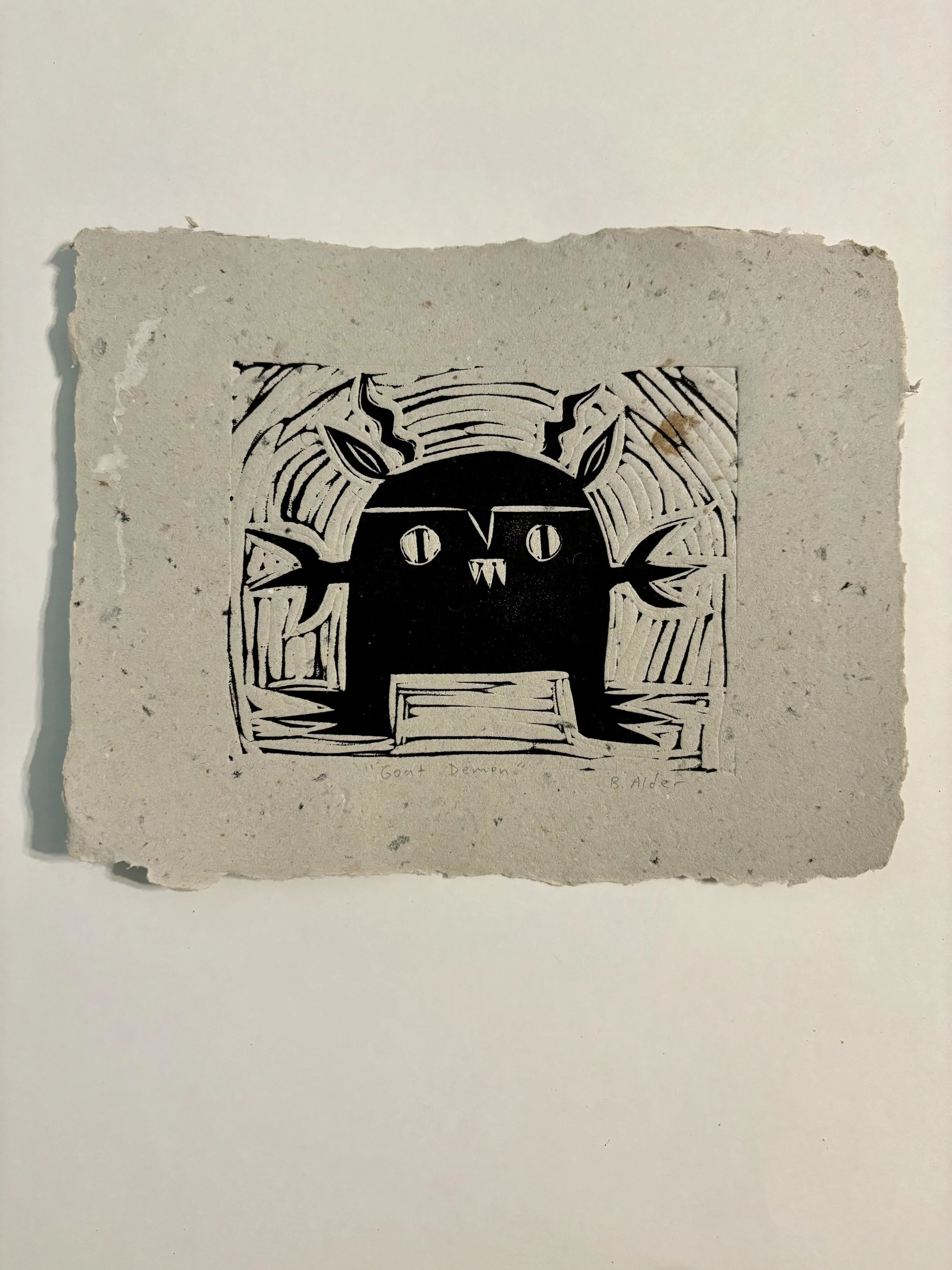 "Goat Demon," linocut print on handmade paper