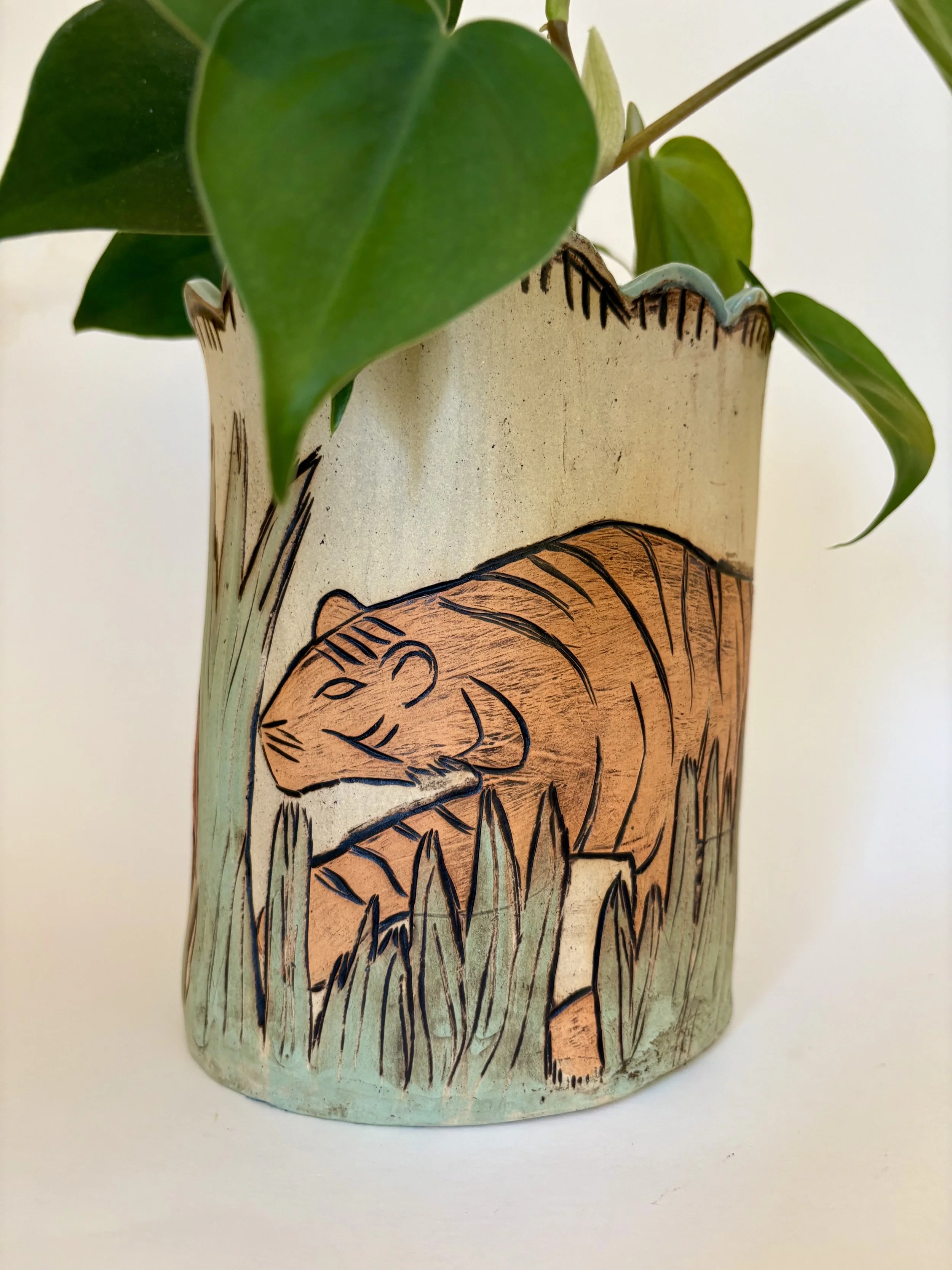 "Tiger in the Field," ceramic planter