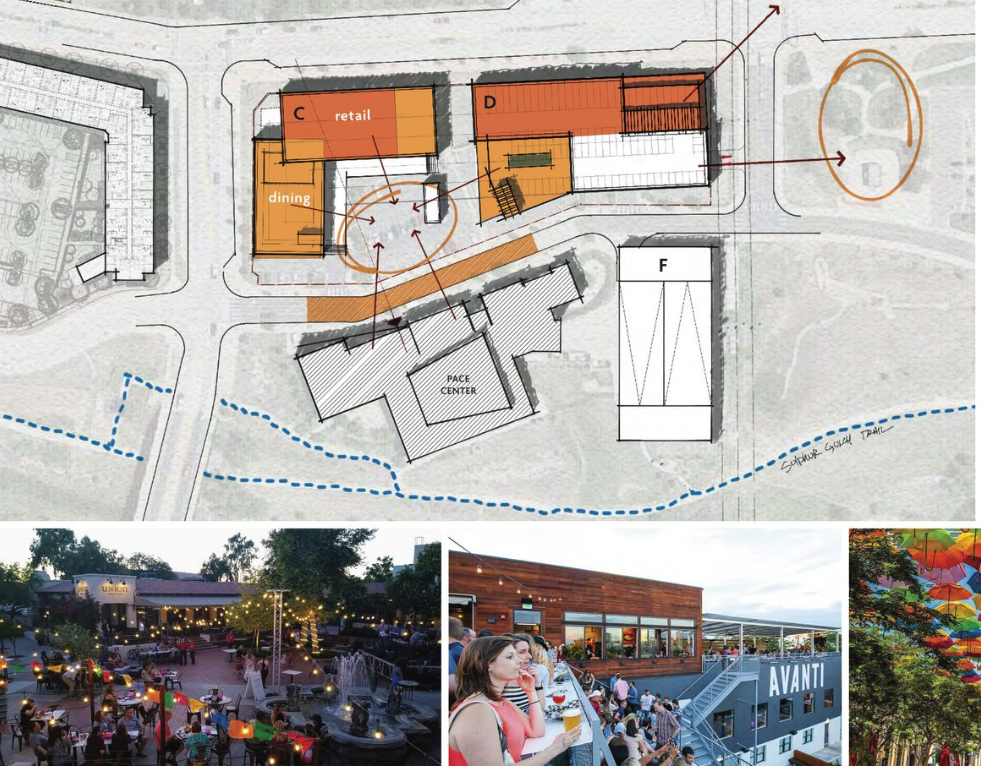 A rendering of a possible development in the My Mainstreet project with example photos