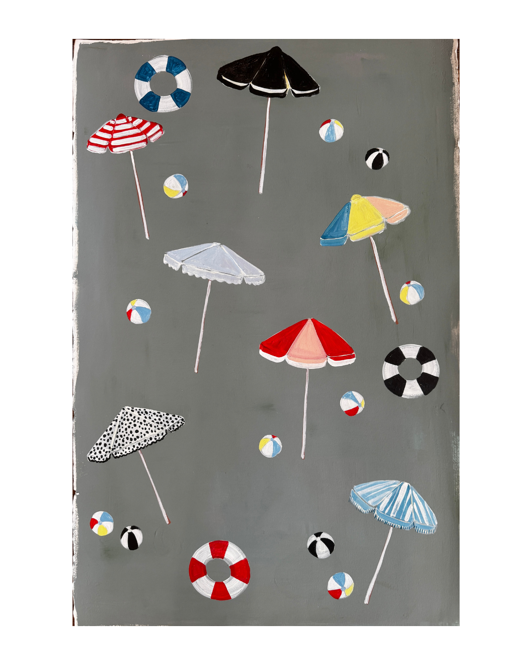 acrylic on primed paper unframed back umbrellas grey background