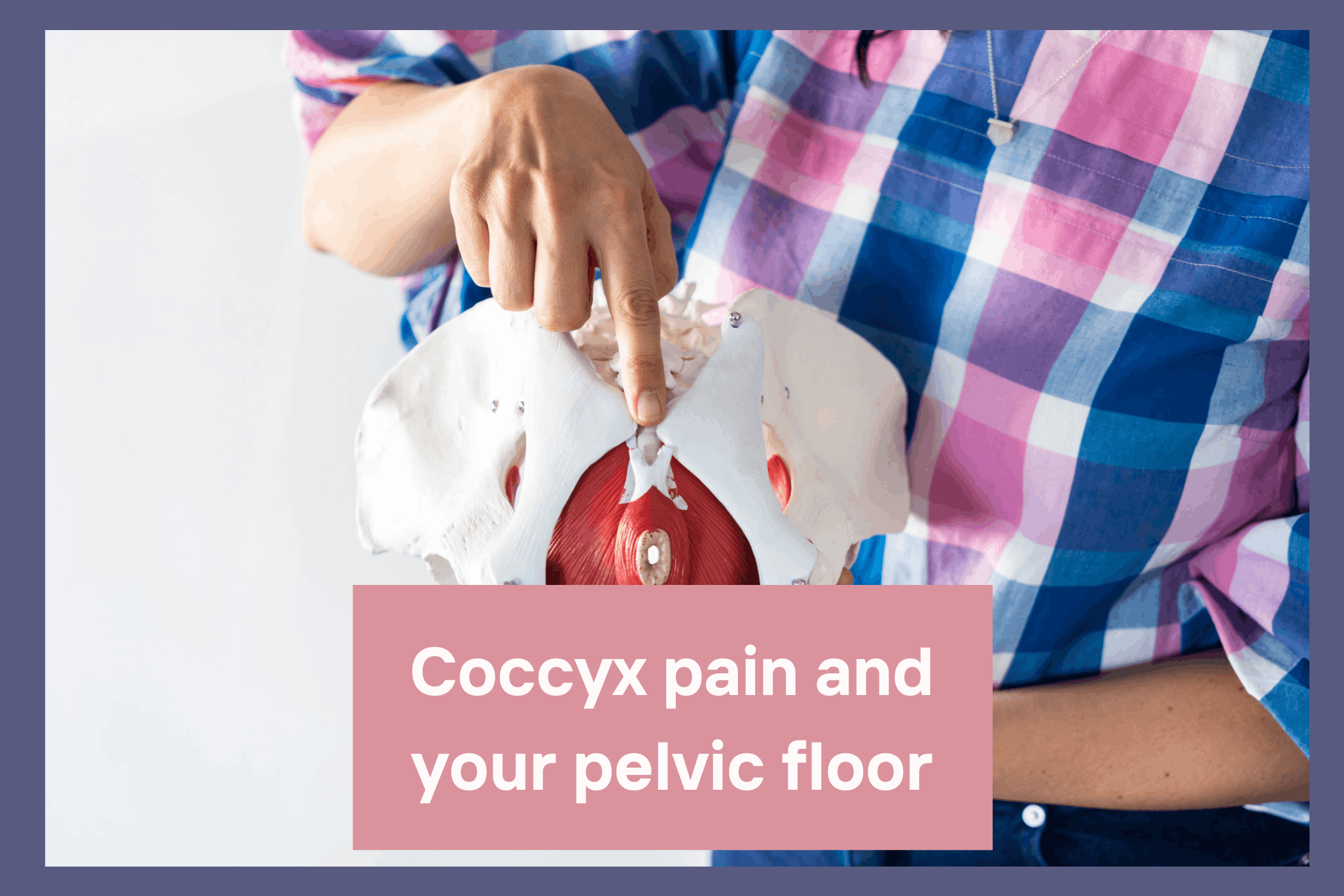 Finger pointing to coccyx on a pelvic model, showing how coccyx pain is connected to pelvic floor tension