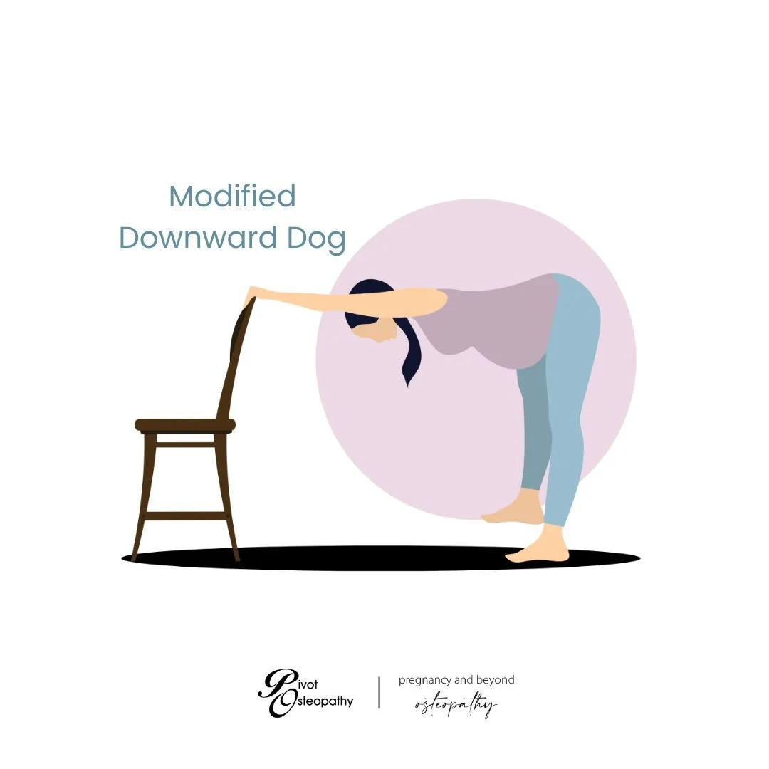 Person standing showing modified downward dog stretch for coccyx pain relief