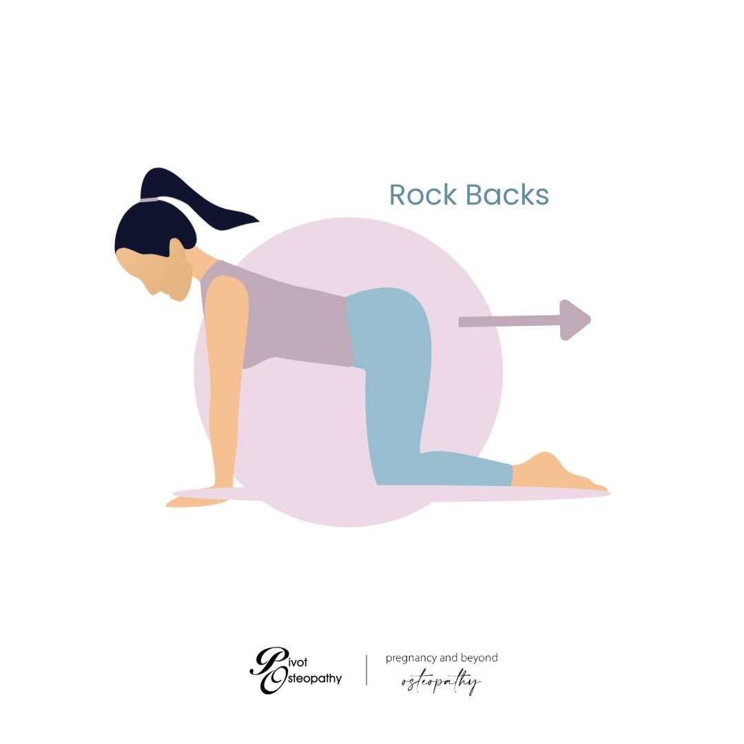 Person on all fours demonstrating rock back for tailbone pain relief