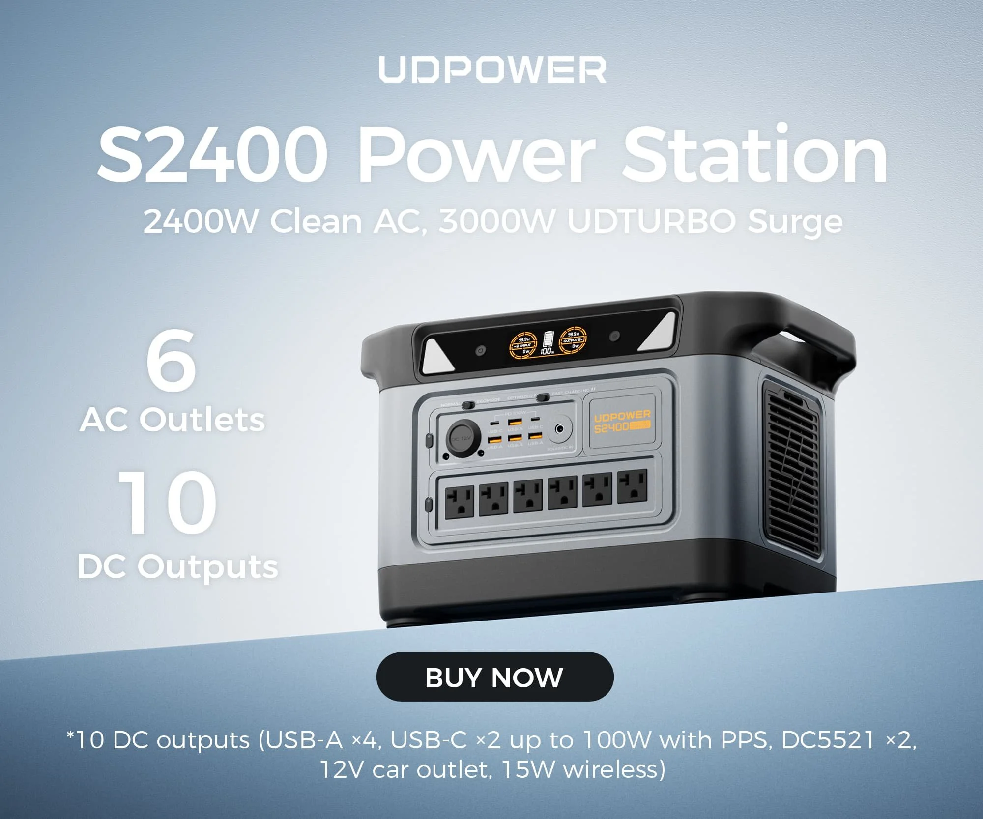 Reliable power when you need it. The UDPOWER S2400 delivers 2400W of clean AC output with a 3000W surge capacity, plus 16 ports including 100W fast charging and wireless pads for job sites, travel, or backup at home.