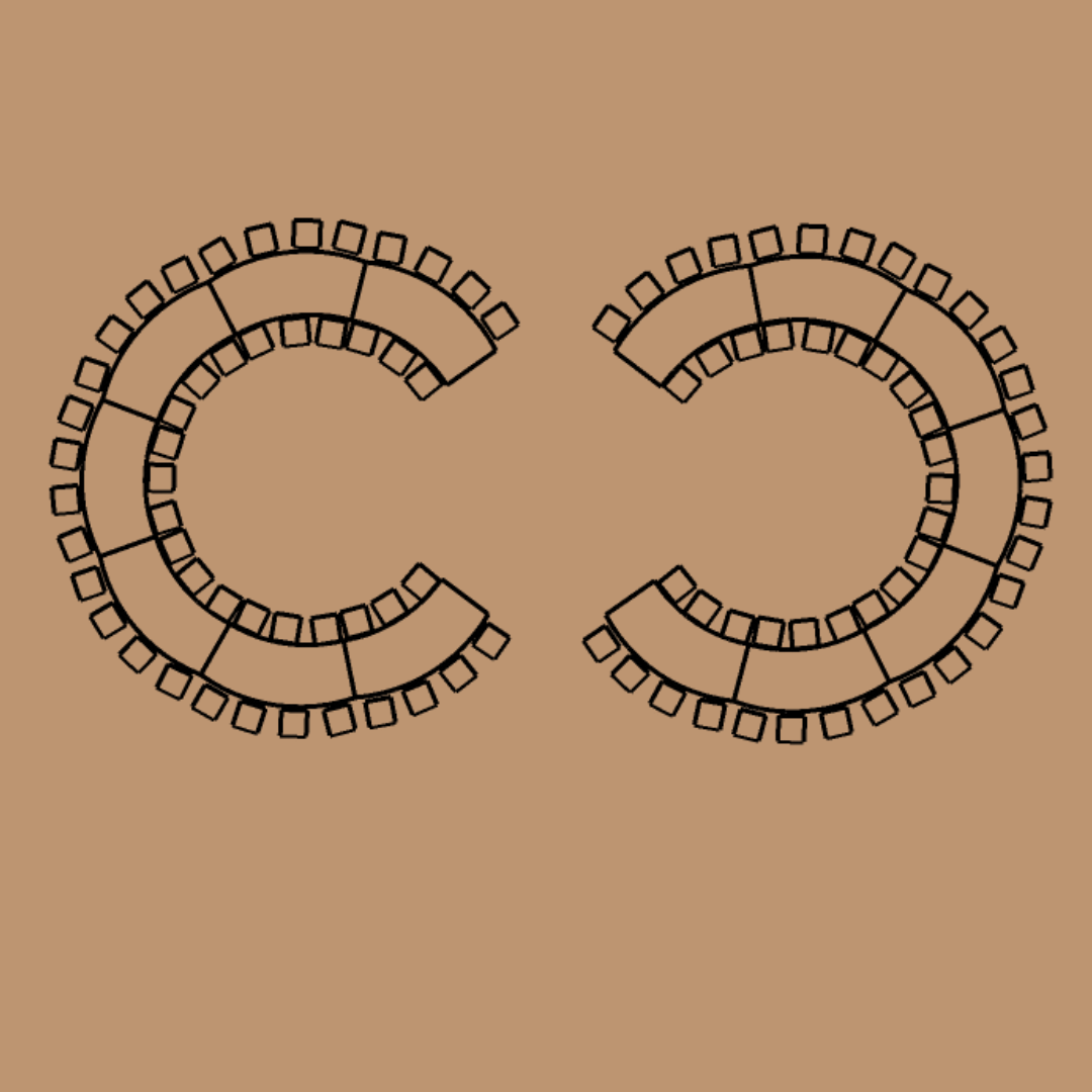 98-guest double open-circle wedding table floor plan using fourteen Steph Tables