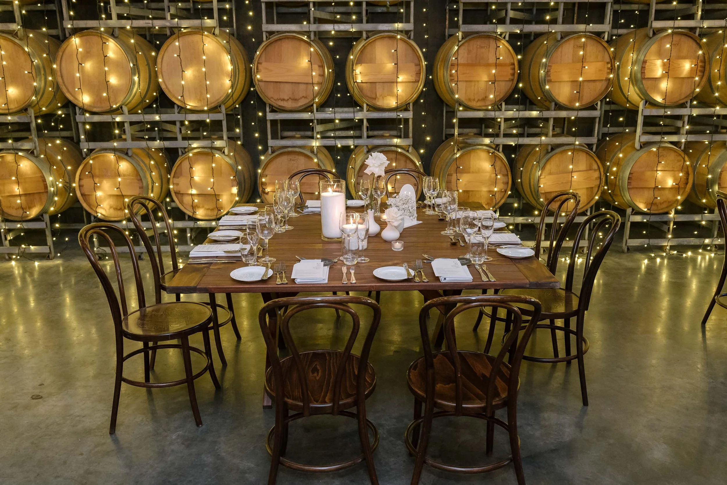 Lara square dining table set for a wedding reception at Sandalford Winery