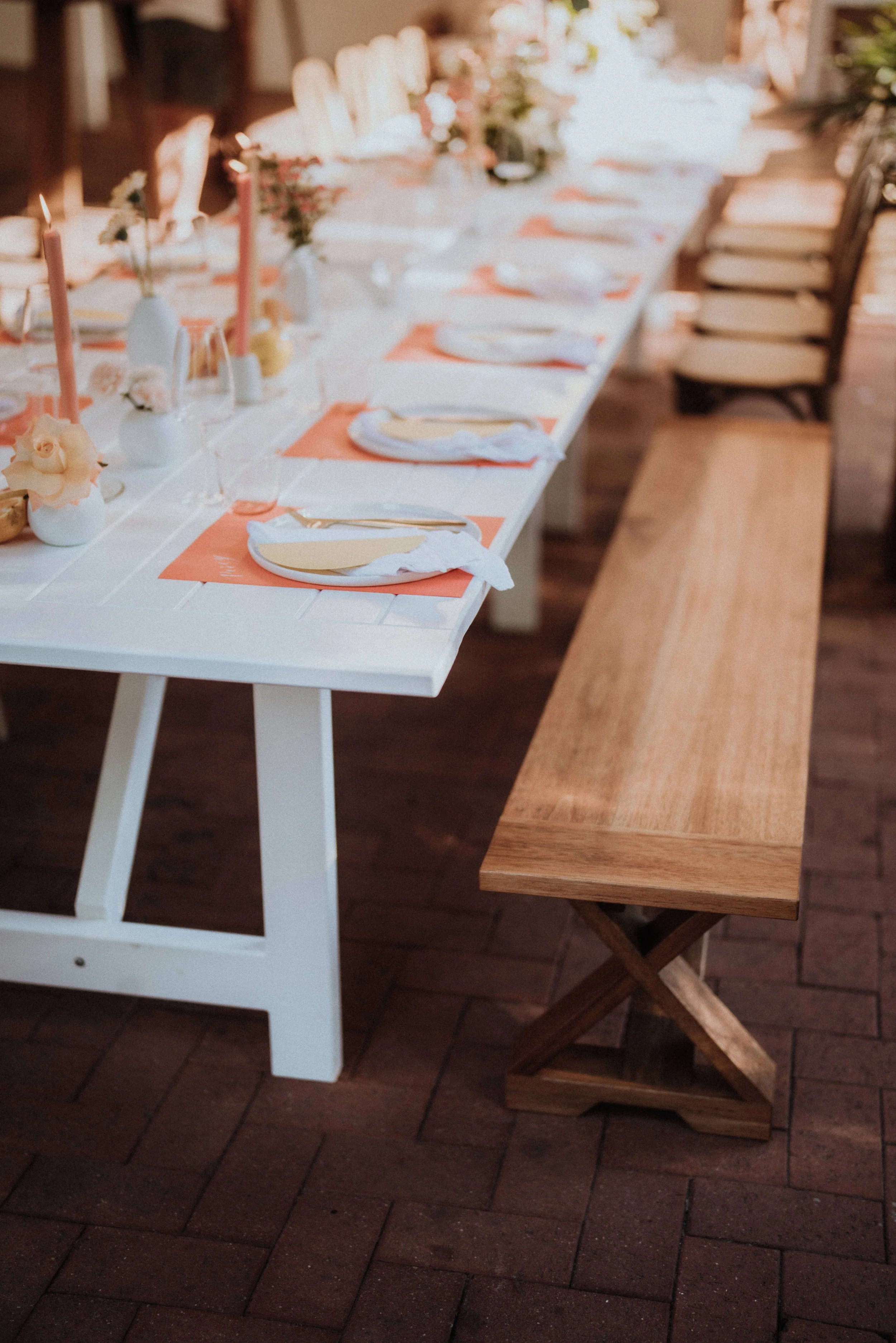 Harriet light oak benches with white beryl table